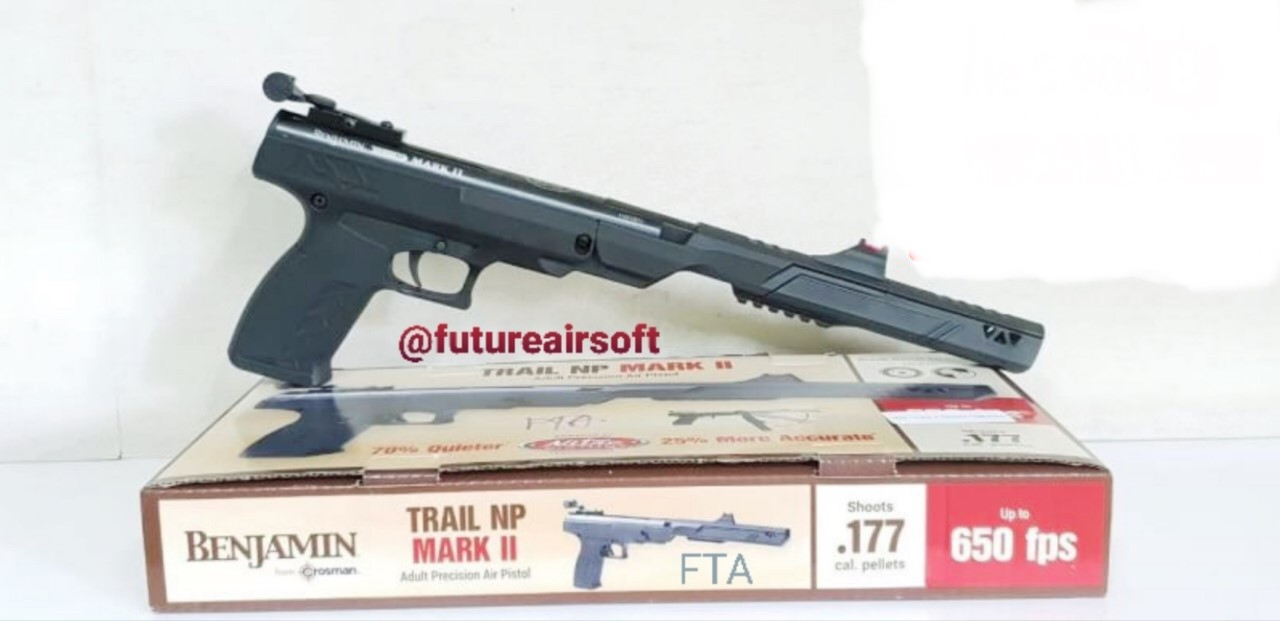 ปืนอัดลมBenjamin Trail NP Mark II .177cal. Air Pistol ปืนอัดลมเบอร์1 ✅SP แรง 650Fps. ✅Weight น้ำหนัก 3.44 ✅Overall Length ความยาว 16" ✅Rail รางจับกล้อง 11mm dovetail ✅Mechanism Gas piston หักลำNitro ✅Front Si