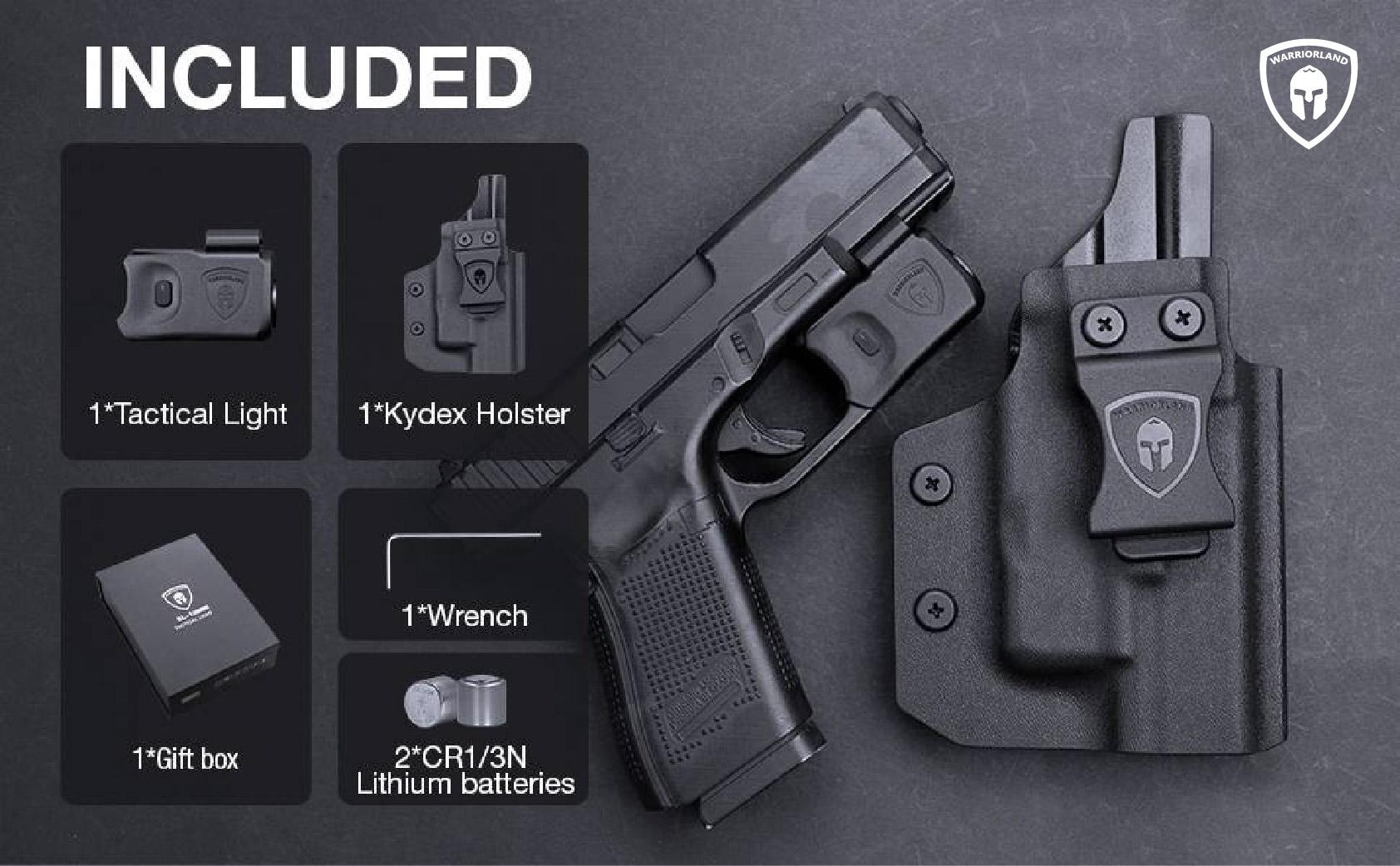 ไฟฉาย Warriorland SL-1 + ซองพกใน Kydex 🔺ไฟฉาย ผลิตจาก Polymer เกรดคุณภาพ 🔺ออกแบบให้ทนทานต่อแรงรีคอยด์ได้ 🔺ความสว่าง 150 Lumens 🔺ระยะส่องสว่าง 100 m. 🔺 มาตรฐานกันน้ำ IPX4 🔺 ปุ่มใช้งานได้ทั้งด้าน ซ้าย-ขวา