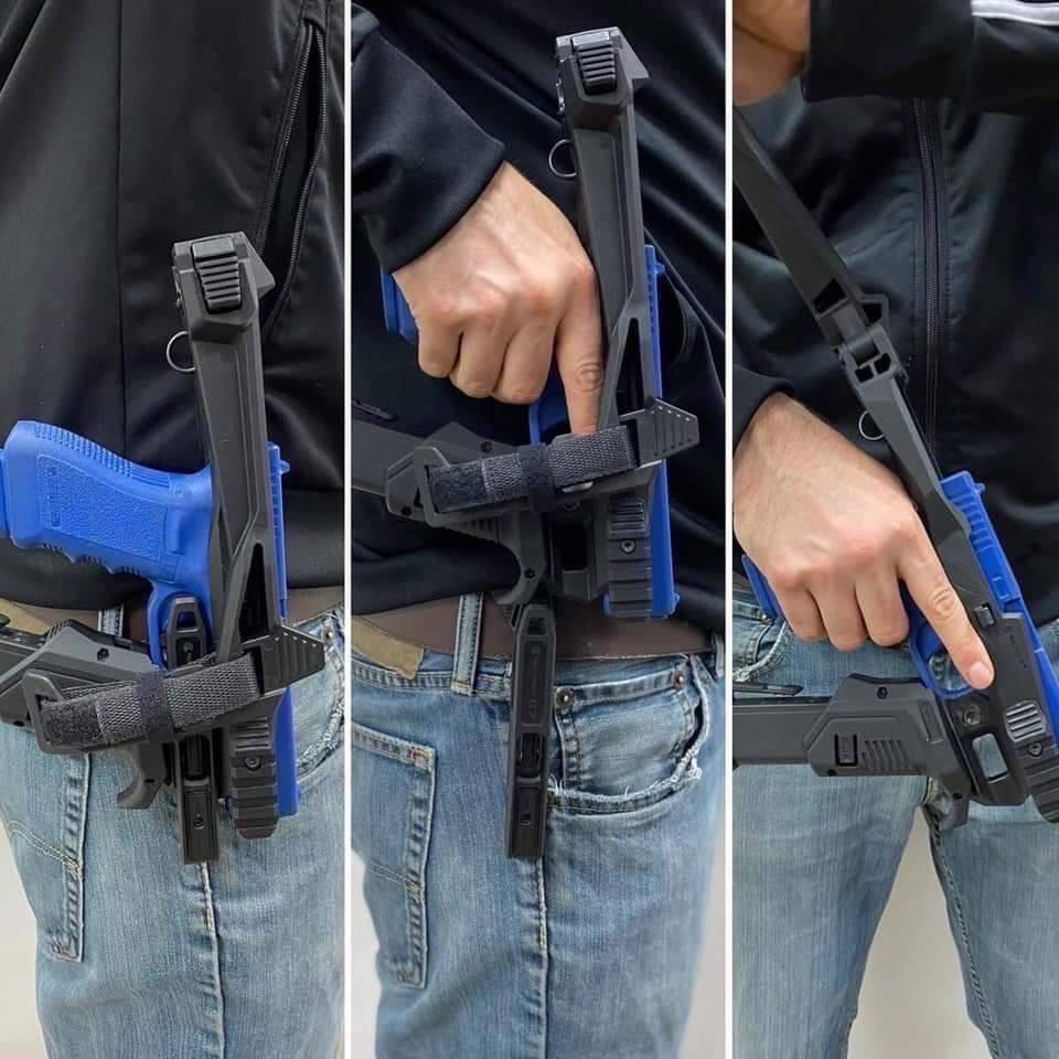 ชุดประกอบปืนสั้น รุ่น Full Kit สำหรับปืน : Glock17,19,34 (ทุกเจน) คุณสมบัติ : วัสดุผลิตจากโพลิเมอร์ คุณภาพสูง ทนความร้อนได้ดีเยี่ยม ขนาดเล็กกระทัดรัด น้ำหนักเบา ติดตั้งง่าย เพียงถอดน็อตตัวเดียว (บริเวณด้านหน้าใต้ลำที่จับรางล่าง) พานท้ายสามารถพับได้ และ ออ