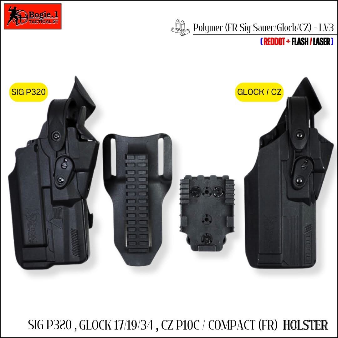 New.ซองปืนพอลิเมอร์ G19 / G17 , SIG P 320 (FR) วัสดุเกรดพรีเมี่ยม ไม่ทำลายเนื้อปืน *** ใช้ใส่ปืนติดดอท ติดไฟฉายได้ เพลทโหลด ปรับ สูง - ต่ำได้ 12 ระดับ สามารถปรับเป็นซองปืนรัดต้นขาได้ ความปลอดภัยสูง ป้องกันการแย่งปืน รุ่นปืน SigP320 / Sig P320 Xfive Legion