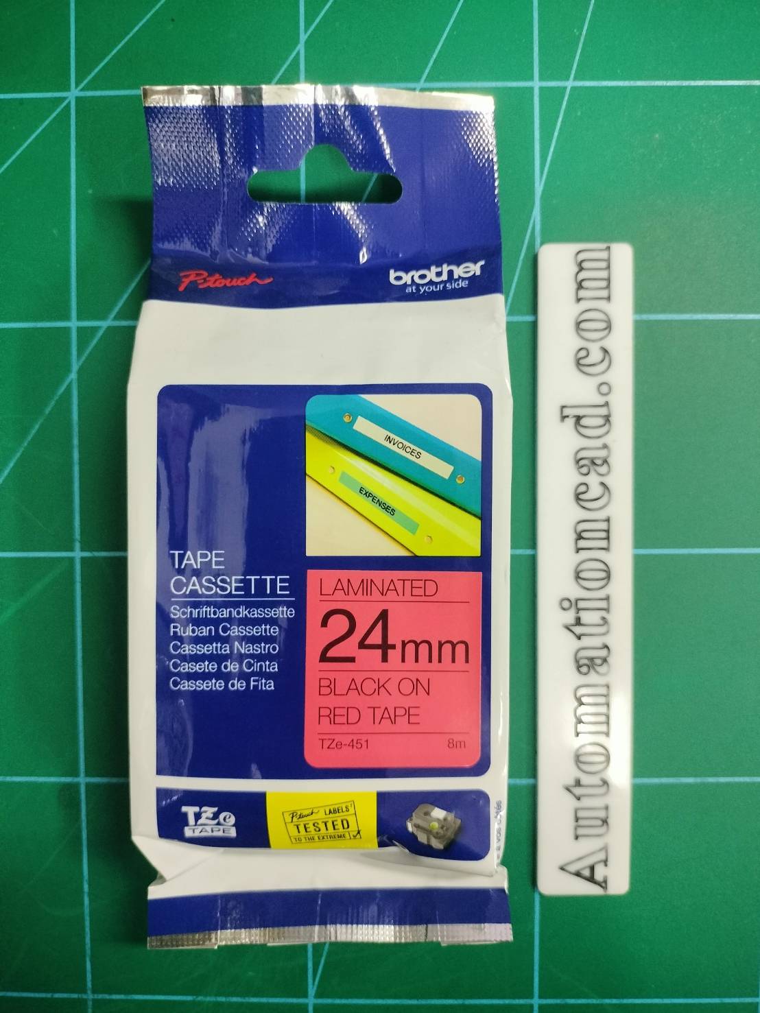 เทปพิมพ์อักษร TZE-451 ขนาด 24 มม. อักษรสีดำพื้นแดง แบบเคลือบพลาสติก Brother