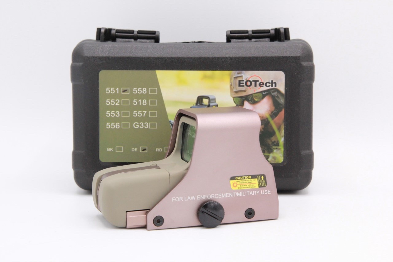 ดอท ยี่ห้อ Eo-tech รุ่น 551 คุณสมบัติ : #น้ำหนักเบา #จุดเล็งเป้าเป็นแบบโฮโลกราฟฟิค ไฟเป้ามี 2 สีให้ปรับ สีแดง และ สีเขียว(สามารถปรับความเข้มของแสดงได้) ใช้ถ่าน LR44 จำนวน4ก้อน มี3สีให้เลือก #สีดำ #สีทราย #สีแดง