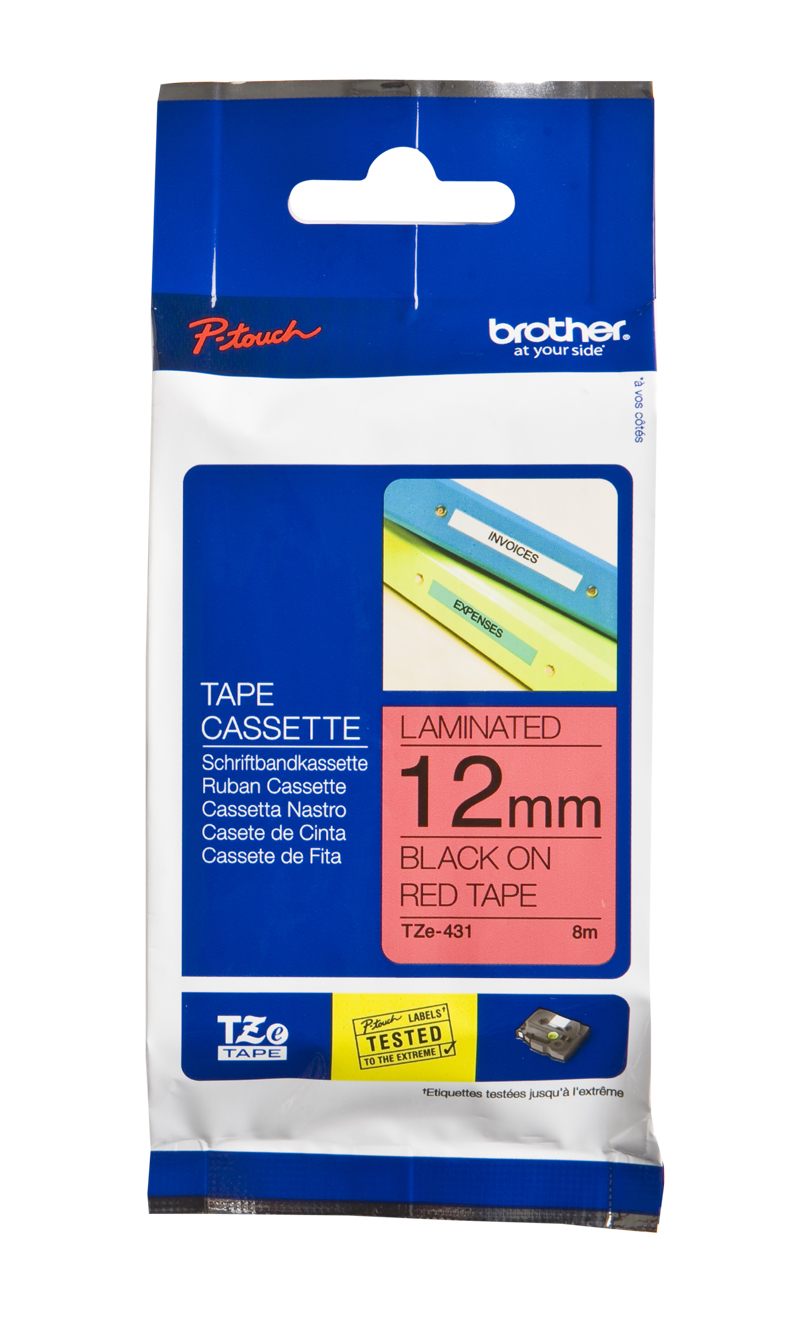 เทปพิมพ์อักษร TZE-431 12 มม. BROTHER ของแท้ อักษรสีดำ พื้นแดง