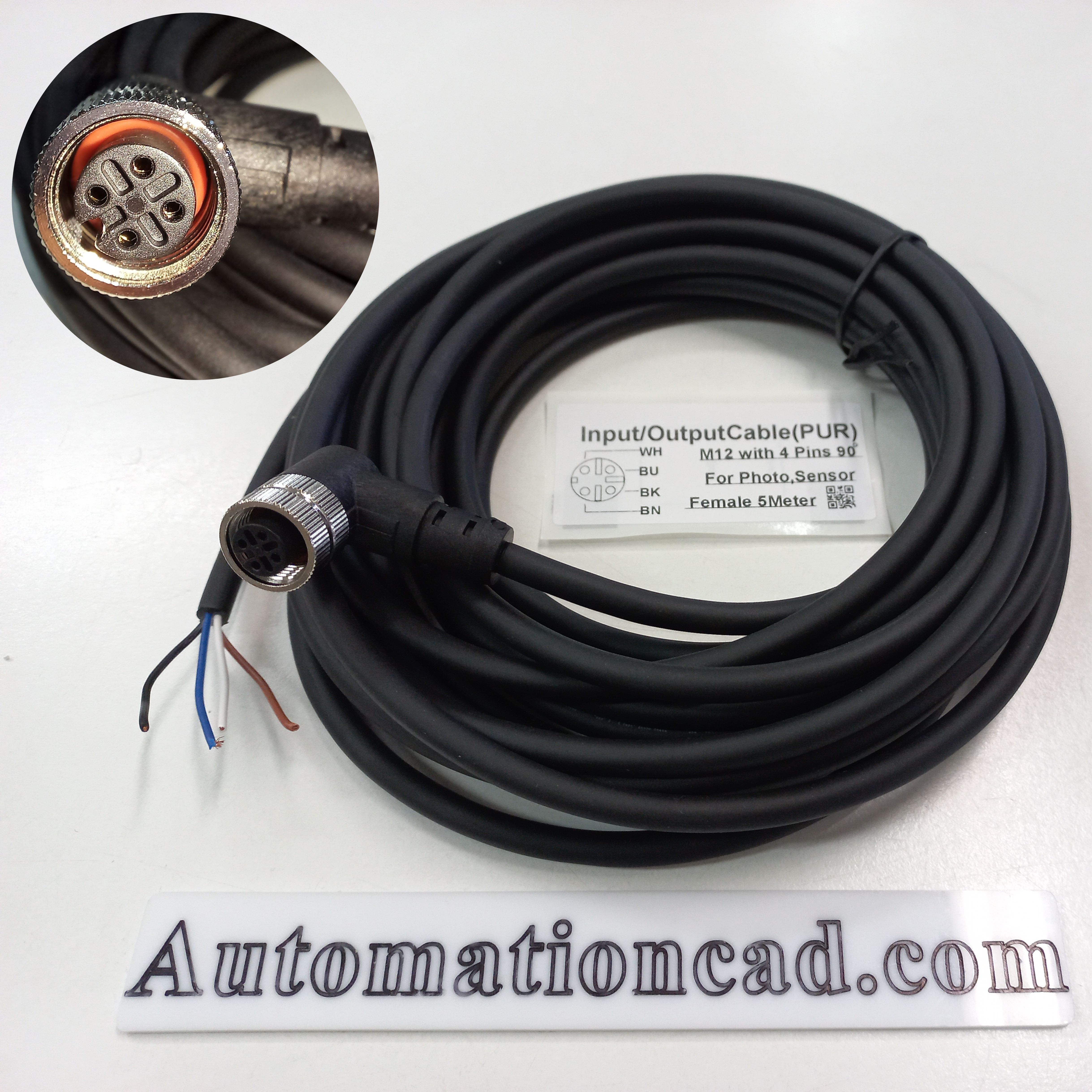 สายพร้อม CONNECTOR (PUR) แบบงอ90 ํ เกลียว M12 ตัวเมีย แบบ 4 ขา ยาว 5m.