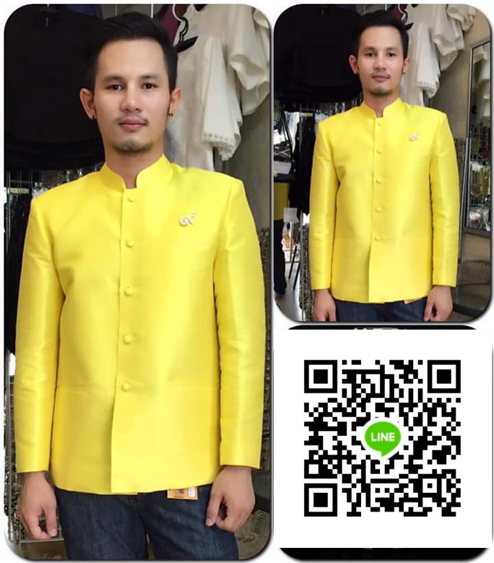 เสื้อสูทชายไหมแกมฝ้ายชายคอพระราชทานสีเหลือง เสื้อสูทชายคอพระราชทานไหมแกมฝ้ายสีเหลือง สูทผ้าไทยชายสีเหลือง สูทผ้าไหมชายสีเหลือง