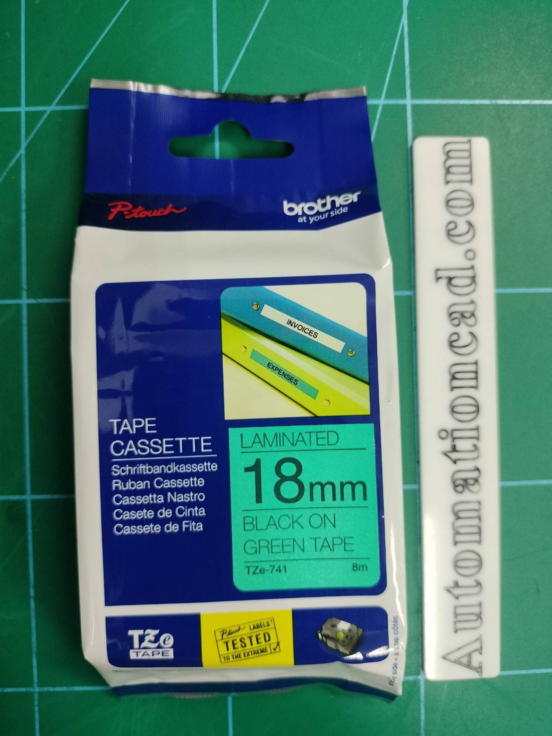เทปพิมพ์อักษร TZE-741 ขนาด 18 มม. อักษรสีดำพื้นเขียว แบบเคลือบพลาสติก Brother