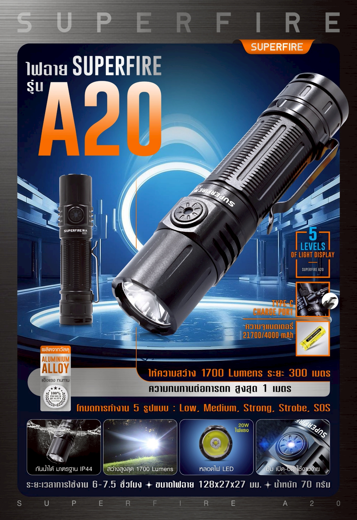 New.ไฟฉาย SuperFire A20 - ตัวเรือนผลิตจาก Aluminum alloy - ขนาด (Dimensions): 128 x 27 x 27 มม. - น้ำหนัก (Weight): 70 กรัม - ความสว่าง (Brightness): 1700 Lumens - ระยะส่องสว่าง (Range): 300 เมตร - ความทนทานต่อการตก (Drop resistance): สูงสุด 1 เมตร - มาตร