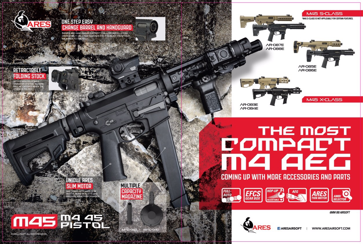 New product ARES M45X-S AEG (Short) -Black/DARK ➡️ บอดี้โลหะ ➡️ takedown (หมุนถอดชุดหน้า) ➡️ พานท้ายพับได้ Product Brand: ARES Product Code:AR-083E Hop-Up:ADJUSTABLE Weight:2,314 g Length:530 mm Capacity:55/125 rds Power:380 fps (1.33