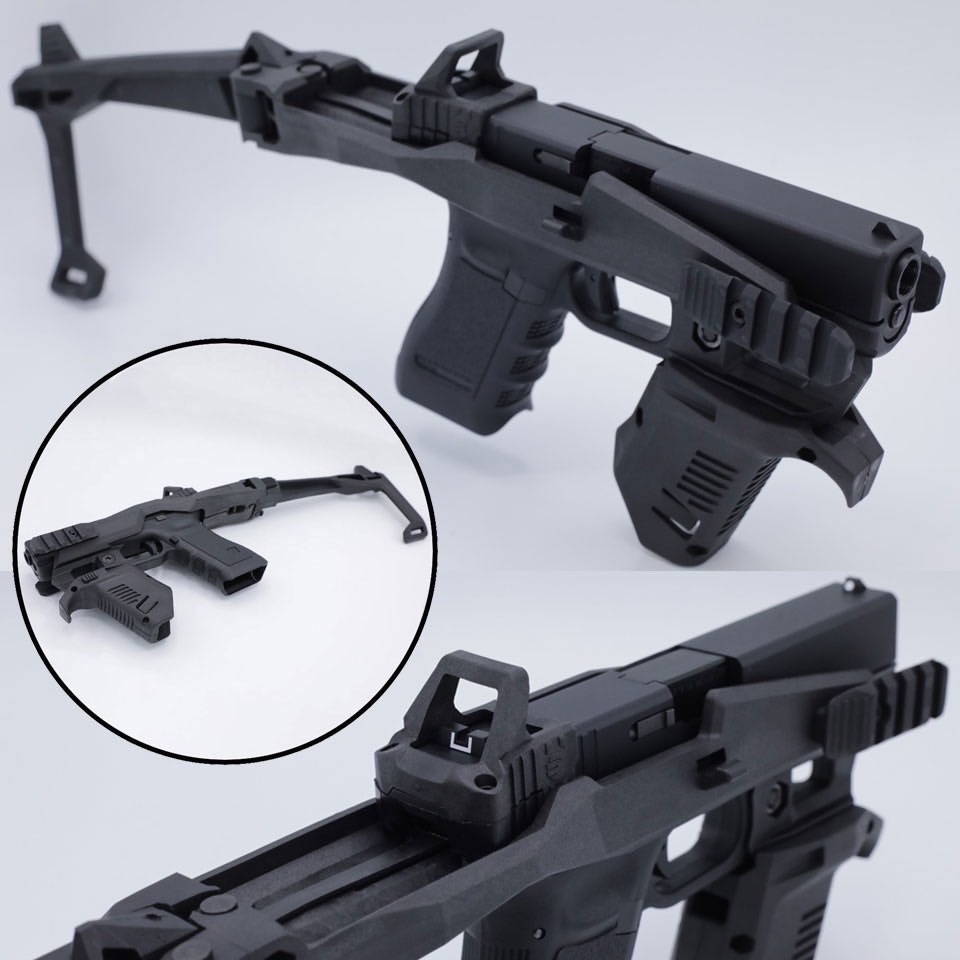 ชุดประกอบปืนสั้น รุ่น Full Kit สำหรับปืน : Glock17,19,34 (ทุกเจน) คุณสมบัติ : วัสดุผลิตจากโพลิเมอร์ คุณภาพสูง ทนความร้อนได้ดีเยี่ยม ขนาดเล็กกระทัดรัด น้ำหนักเบา ติดตั้งง่าย เพียงถอดน็อตตัวเดียว (บริเวณด้านหน้าใต้ลำที่จับรางล่าง) พานท้ายสามารถพับได้ และ ออ