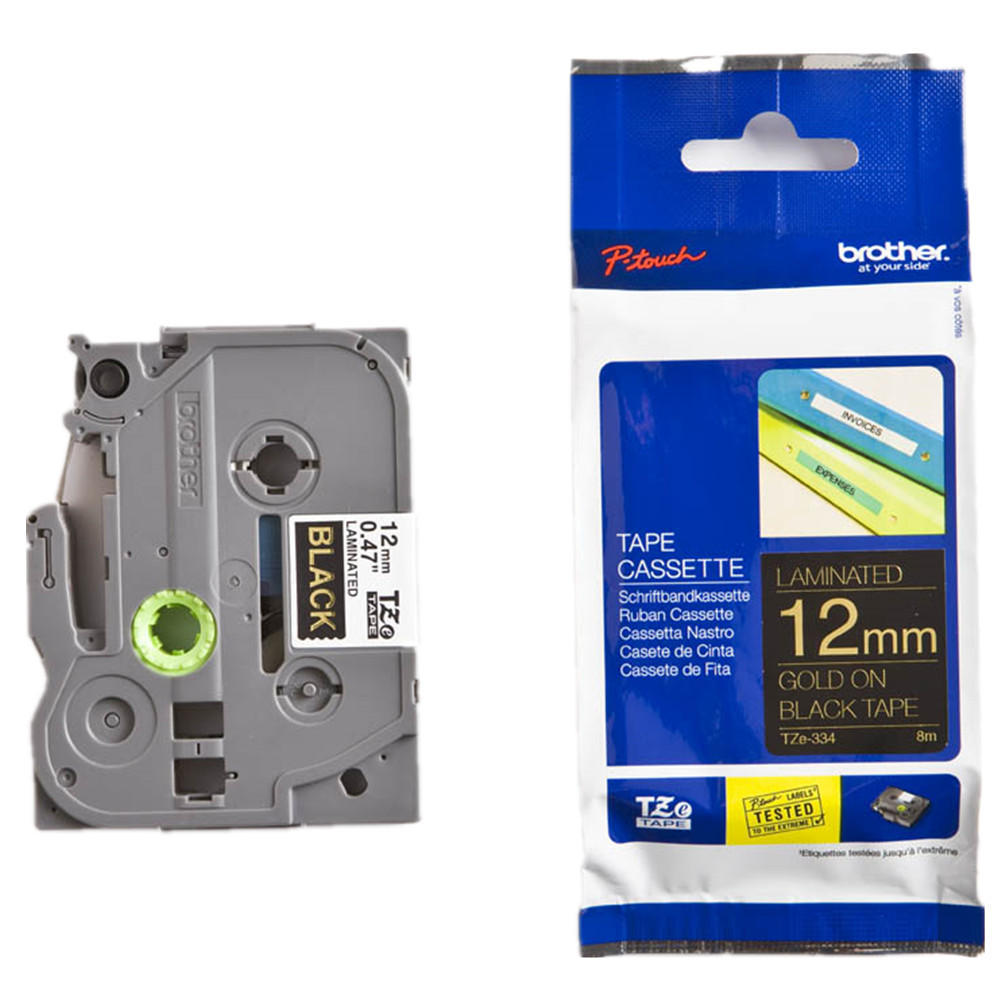 เทปพิมพ์อักษร TZE-334 12 มม. BROTHER ของแท้ อักษรสีทอง พื้นดำ