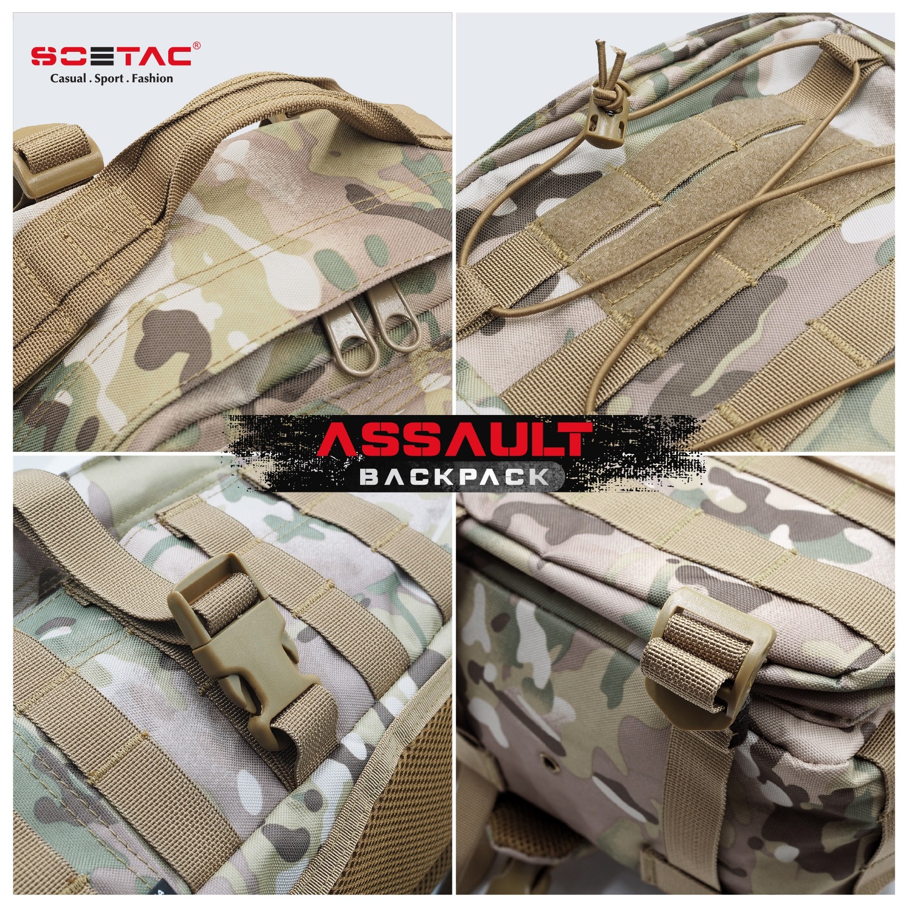 New. เป้ Assault Backpack ( SOETAC ) - เป้รุ่นใหม่ ความจุขนาด 30L - ผลิตจากผ้า Cordura 900D - ด้านหน้า มีแผง Velcro ติด patch ได้ - แผ่น molle ด้านหน้า/ข้าง สำหรับ เกี่ยวหรือยึดอุปกรณ์อื่นๆได้ - ด้านบนมีช่องสำหรับลอด สายหูฟัง, powerbank ได้ - มีสายรัดหน้า