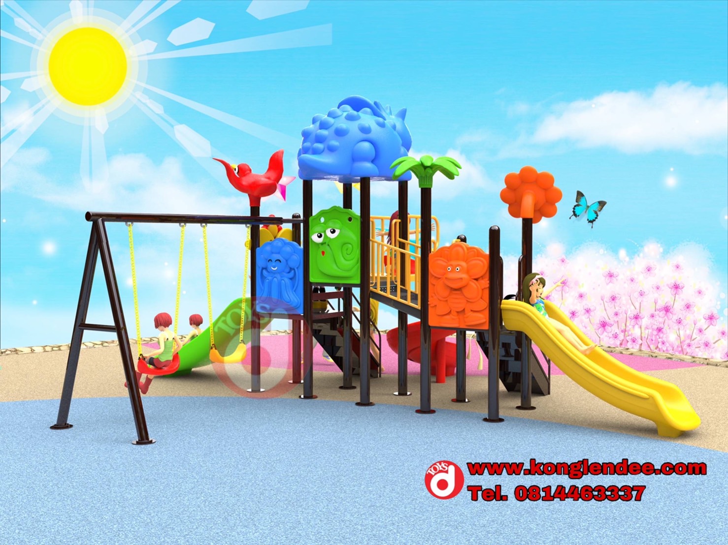 เครื่องเล่นสนาม ชุดไดโนเสาร์สามสไลด์พร้อมชิงช้า