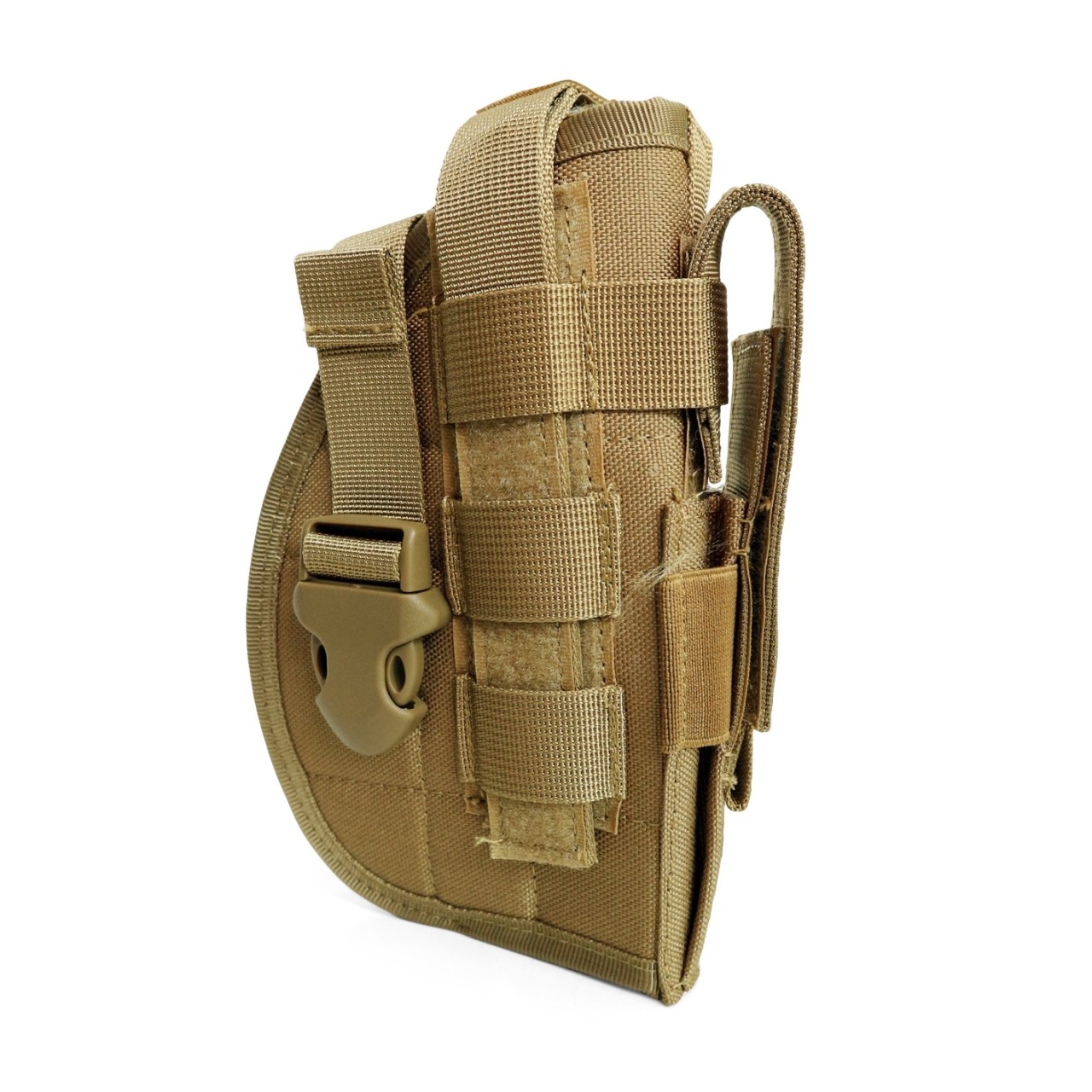 ซองปืนผ้า ติดเวส ผลิตจากผ้า 1000D กันน้ำ สามารถใช้ได้กับปืนพกหลายขนาด โดยปรับความยาวสายรัดได้ มีช่องใส่แม็กกาซีนปืนสั้น 1 ช่อง ด้านหลังเป็นตัวล๊อค ระบบ Molle ติดเวสได้ 2 สี ทราย สี เขียว ราคาพิเศษ 750 บาท Ems 100 บาท