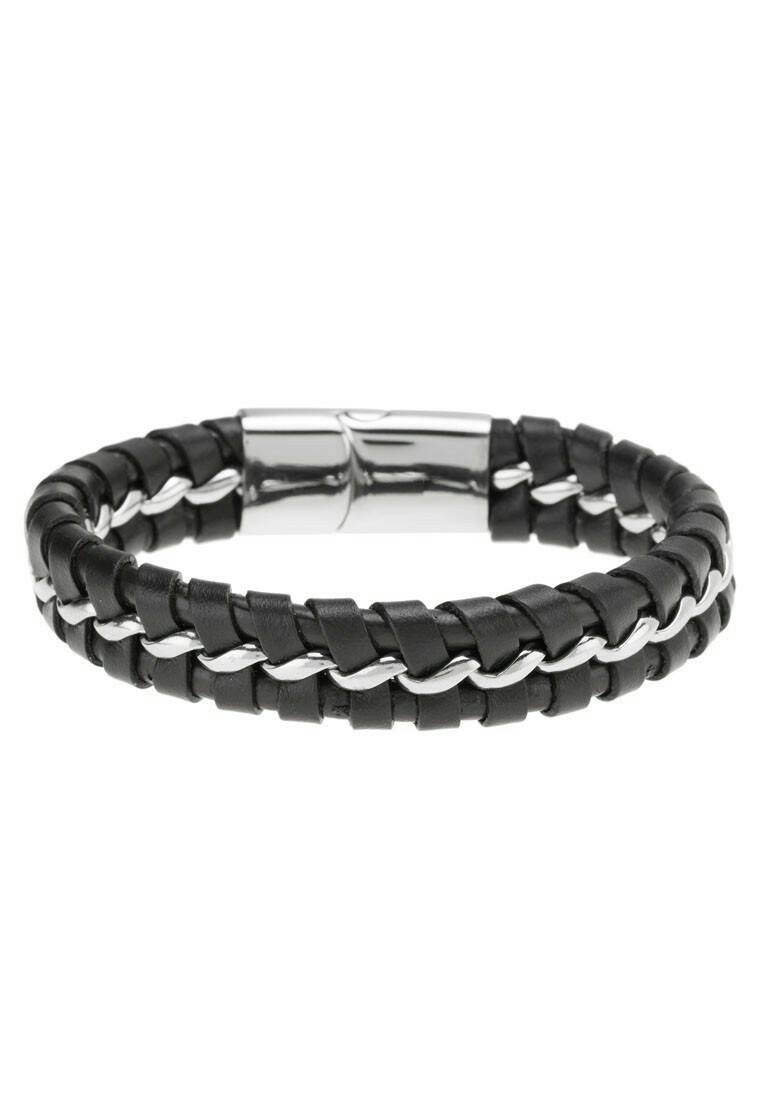 กำไล Stainless Steel with Braided Leathe สีดำ A008