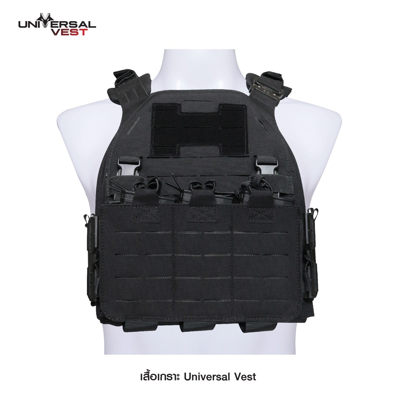 เสื้อเกราะ Universal Vest ♣ ผลิตจากผ้า Nylon 1000D เกรดคุณภาพ ♣ ติดตั้งชุดปลดไว 3 จุด ใช้งานสะดวก ♣ สายโอบข้างยางยืด มีช่องใส่แม็ก 5.56, วิทยุสื่อสาร หรืออุปกรณ์อื่นๆ ได้ รวม 6 ช่อง ♣ มาพร้อมกับซองแม็กกาซีน 3 ช่อง ♣ สามา