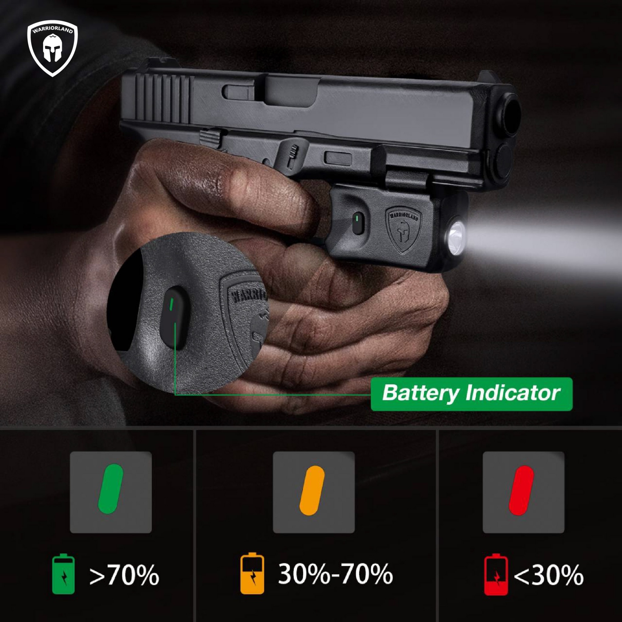 ไฟฉาย Warriorland SL-1 + ซองพกใน Kydex 🔺ไฟฉาย ผลิตจาก Polymer เกรดคุณภาพ 🔺ออกแบบให้ทนทานต่อแรงรีคอยด์ได้ 🔺ความสว่าง 150 Lumens 🔺ระยะส่องสว่าง 100 m. 🔺 มาตรฐานกันน้ำ IPX4 🔺 ปุ่มใช้งานได้ทั้งด้าน ซ้าย-ขวา
