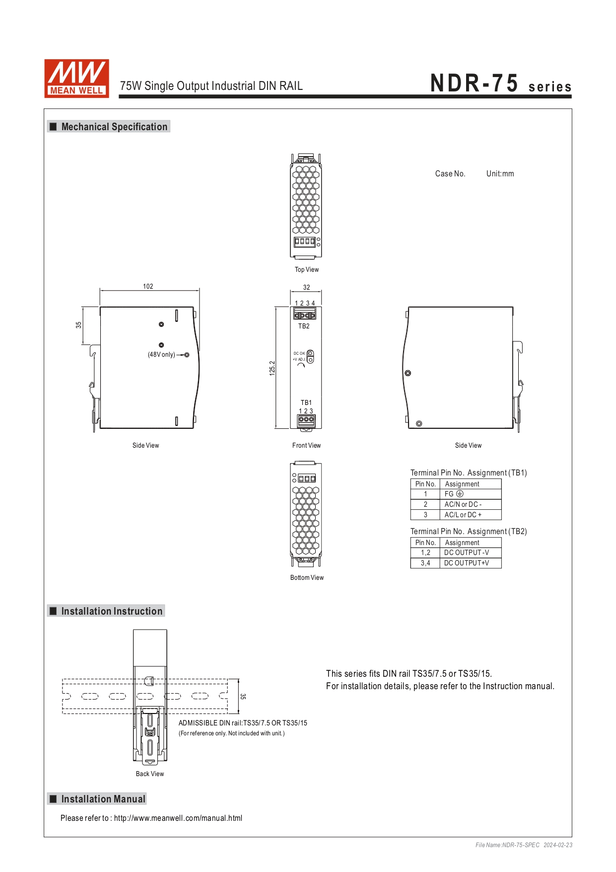 พาวเวอร์ซัพพลาย NDR-75-12 MEANWELL 6.3A 12VDC POWER SUPPLY NDR