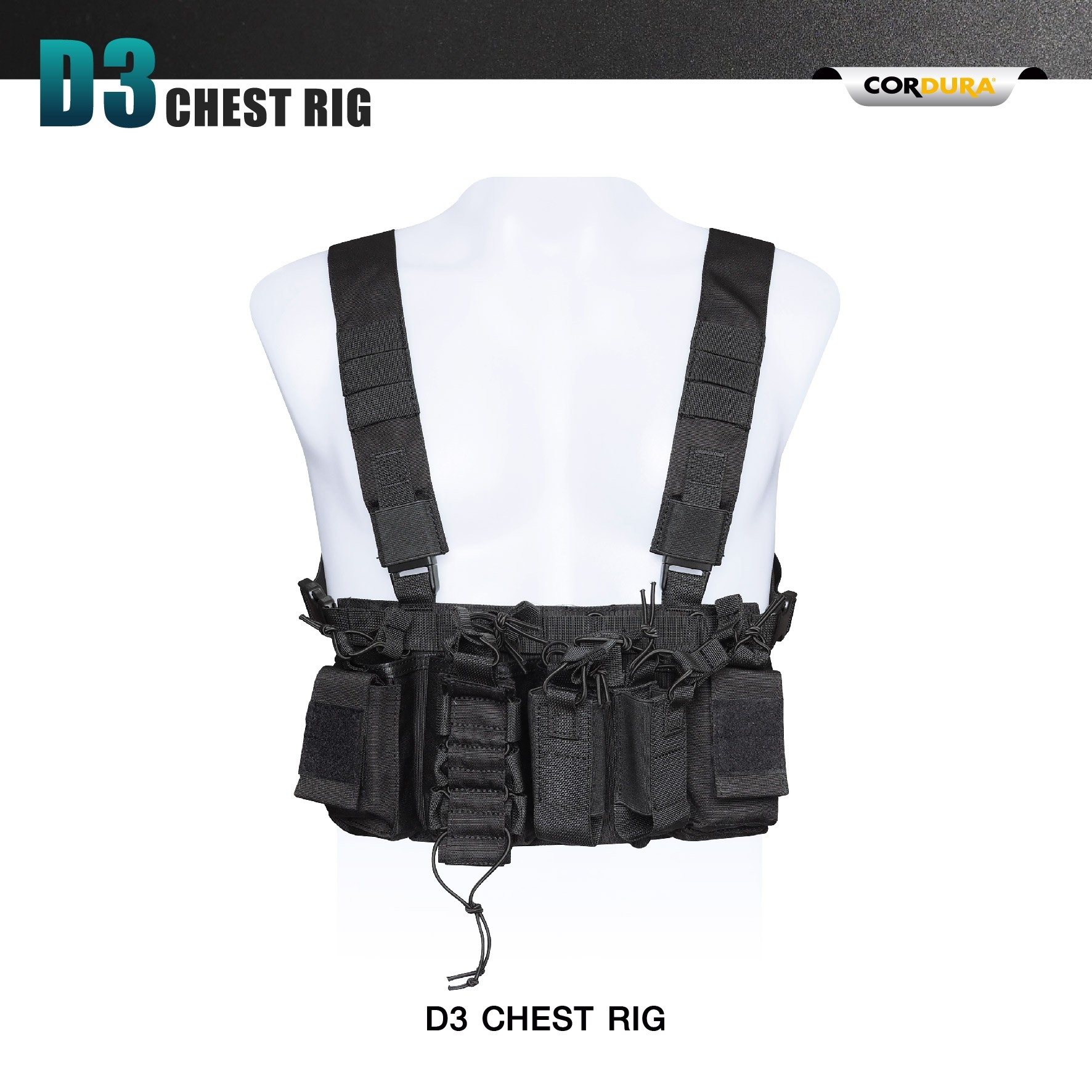 New.D3 Chest Rig (double arrow right)ผลิตจากผ้า Cordura 1000D (double arrow right)น้ำหนักเบา เพียง 0.45 kg ใส่สบาย (double arrow right)มีช่องใส่แม็กกาซีนปืน M4/M16 ได้มากถึง 4 ช่อง (double arrow right)มีช่องใส่ แม็กกาซีนปืนสั้น/ไฟฉาย ได้ 2 ช่อง (double ar