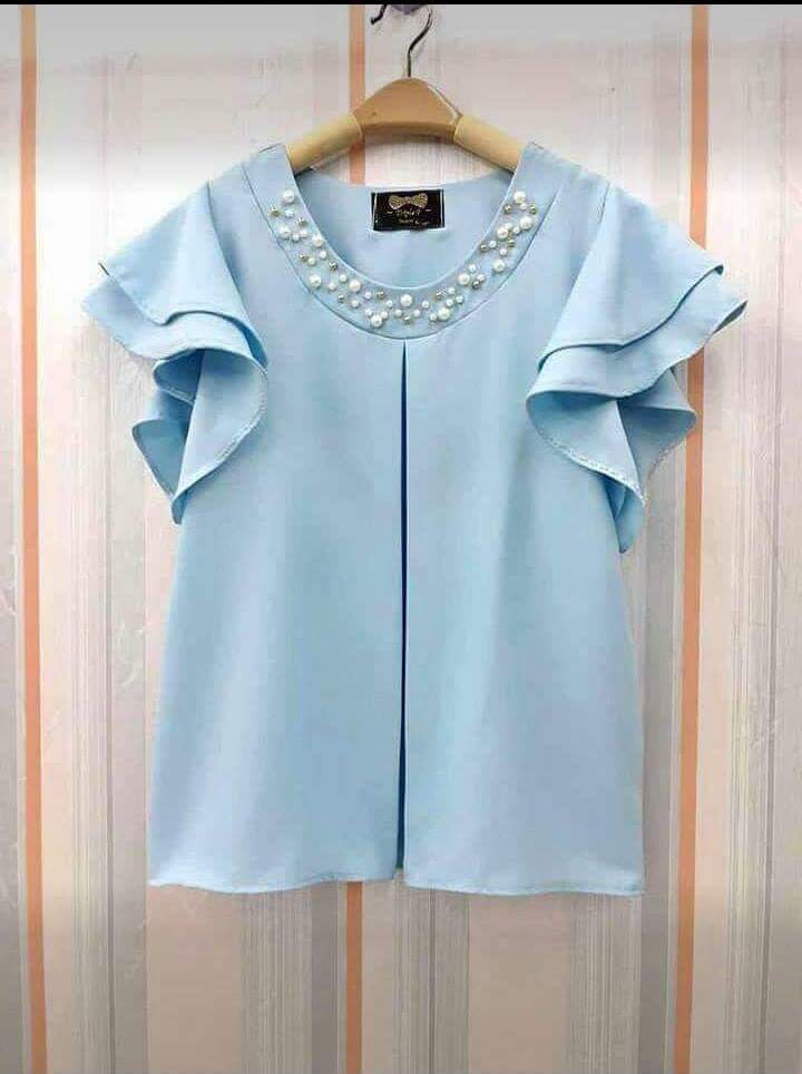 เสื้อชีฟองญี่ปุ่นเนื้อหน้า#เสื้อชีฟองสีฟ้าคอปักลูกปัด ปักมุก แขนคลุมไหล่ระบาย 2 ชั้น แต่งสวิทหน้า #เสื้อทำงานสีฟ้า #เสือฟ้าวันแม่ ฟ้า FREE SIZE