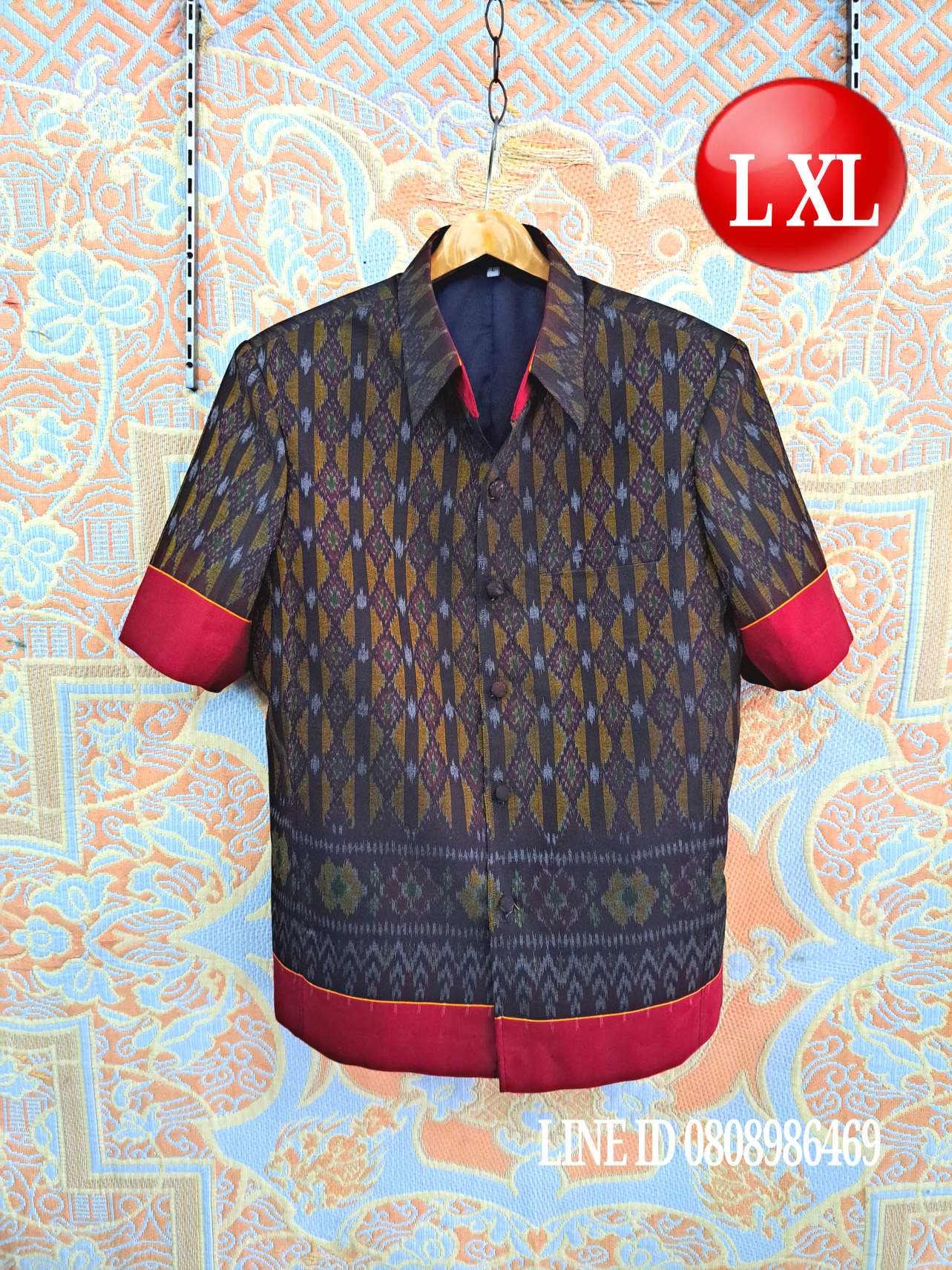 เสื้อสูทชายผ้าฝ้ายมัดหมี่แท้มัดหมี่ตีนแดงทอมือ เสื้อสูทชายฝ้ายแท้ สูทผ้าไทยชาย ซาฟารีผ้าไหมชาย สูทผ้าฝ้ายมัดหมี่ตีนแดง,สูทผ้าไทย ซาฟารีชาย ตามภาพ XL
