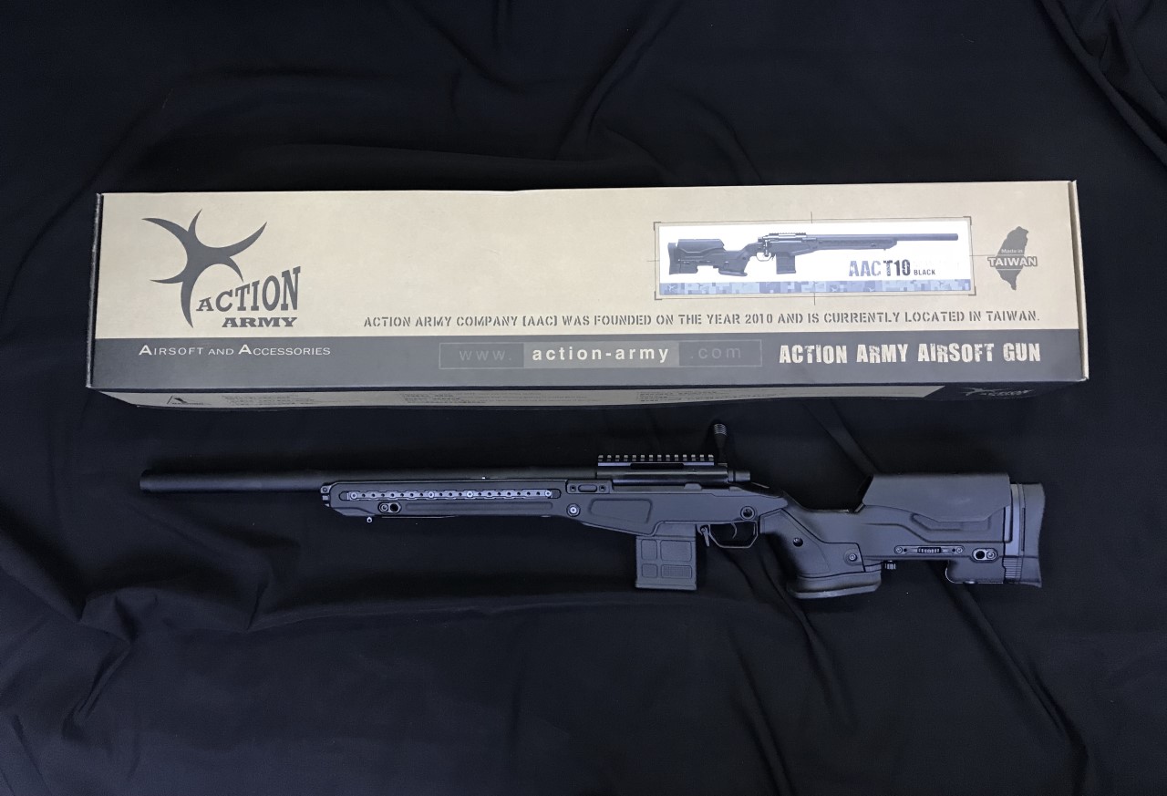 Action Army AAC T10 Spring Airsoft Rifle ( Black ) # AATW-AACT10-BK Built Material: Metal alloy, GF reinforced Nylon Length : 1080mm Weight : 2820g Bullet : 6mm BB Inner Barrel : / Power Source : Manual, Air Cocking Muzzle Velocity: Approx. 250-270 FPS w/