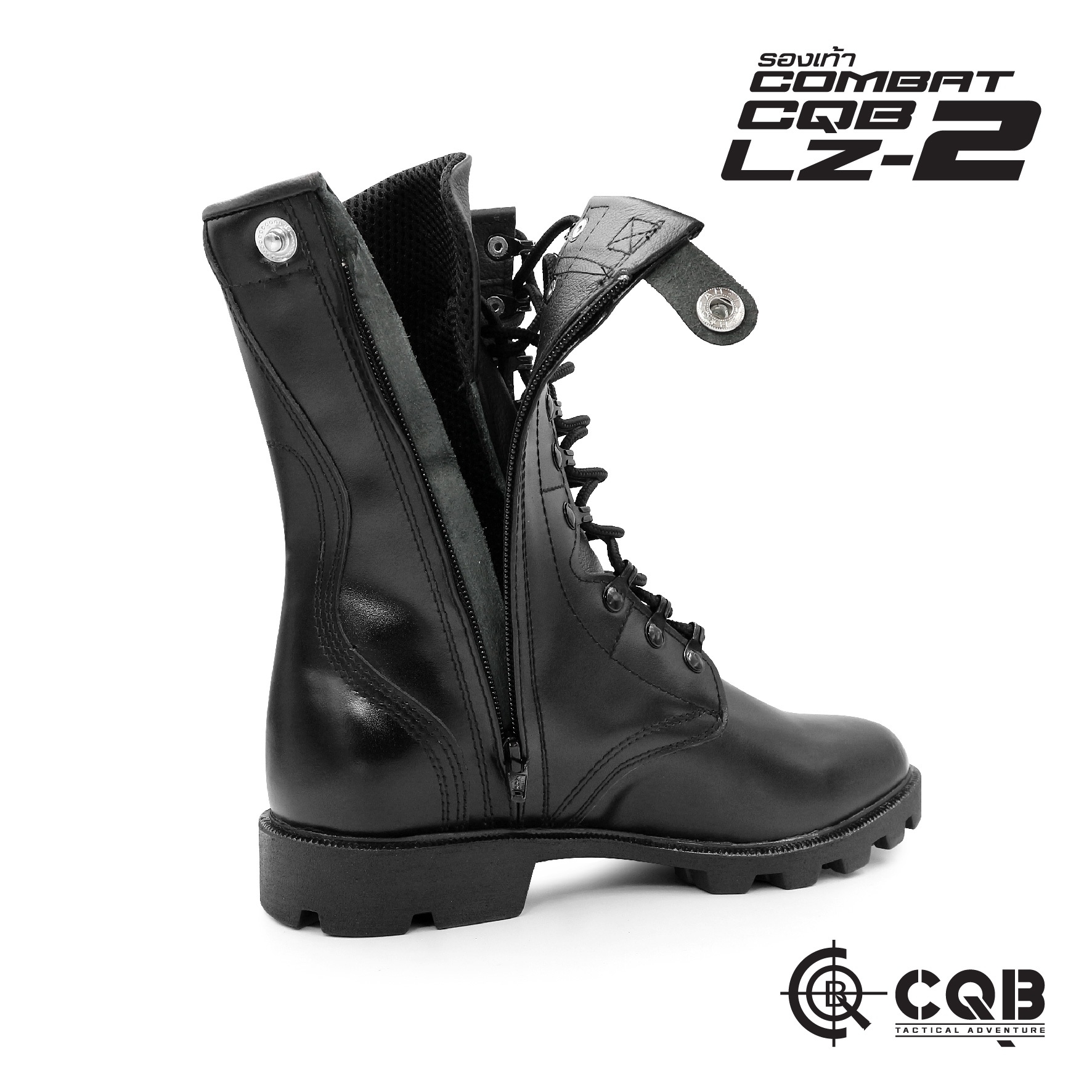 รองเท้า Combat CQB รุ่น LZ-2# (ซิปข้าง) -มีซิปข้าง เพื่อความสะดวก ในการสวมใส่ -ตาไก่ปลดไว 9 รู ความสูงจากพื้น 10 นิ้ว -น้ำหนักเบา หนังมีความนุ่มใส่สบาย -รองพื้นนิ่ม ใส่ไม่เจ็บเท้า -ขัดหรือวนน้ำ ขึ้นเงาได้ง่าย -เย็บพื้นด้านนอก และ ยึดน๊อตด้าน -ในพื้นรองเท้