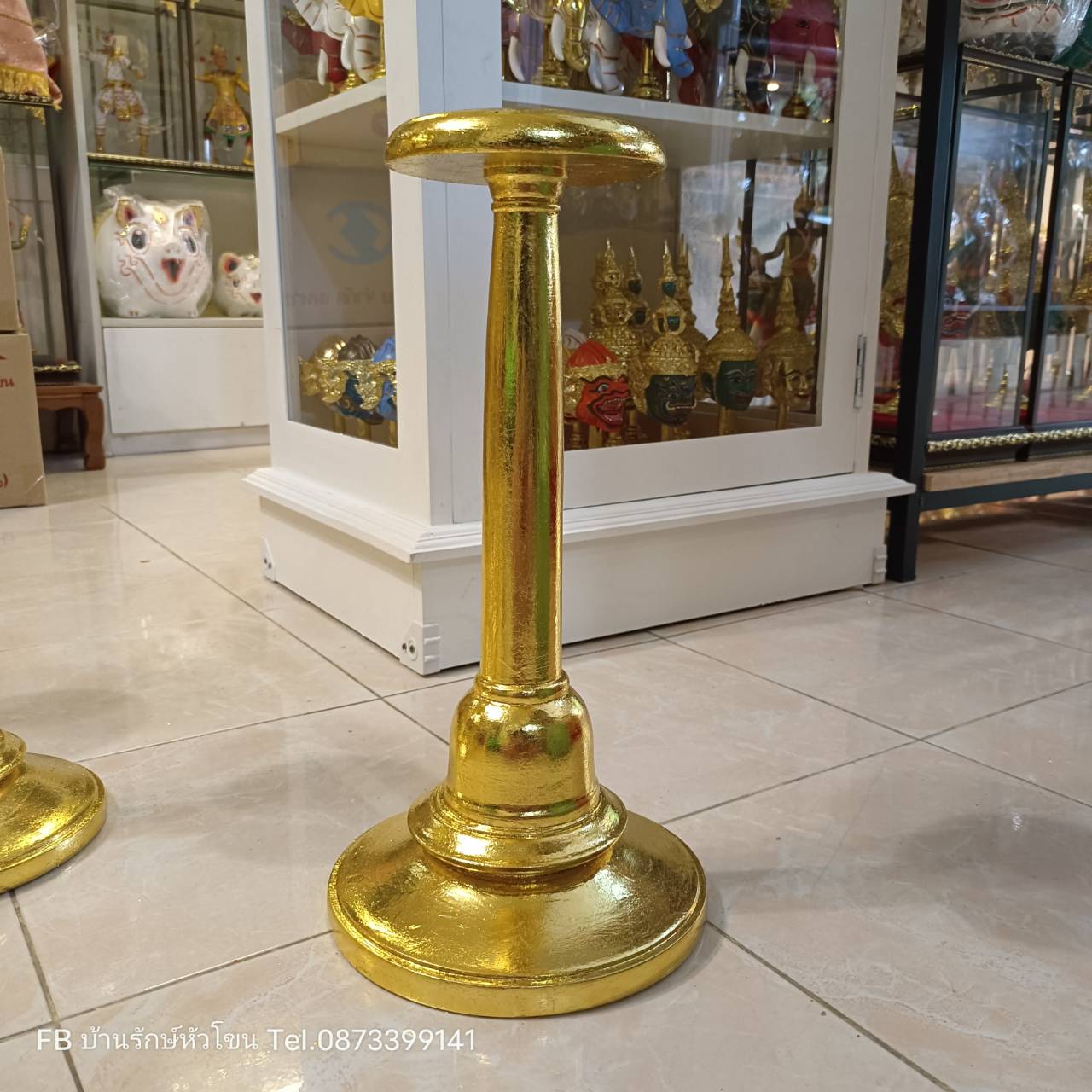 ฐานไม้กลึง ปิดทอง ขาตั้ง ฐานวางเศียร ขนาดครอบ สูง 16 นิ้ว