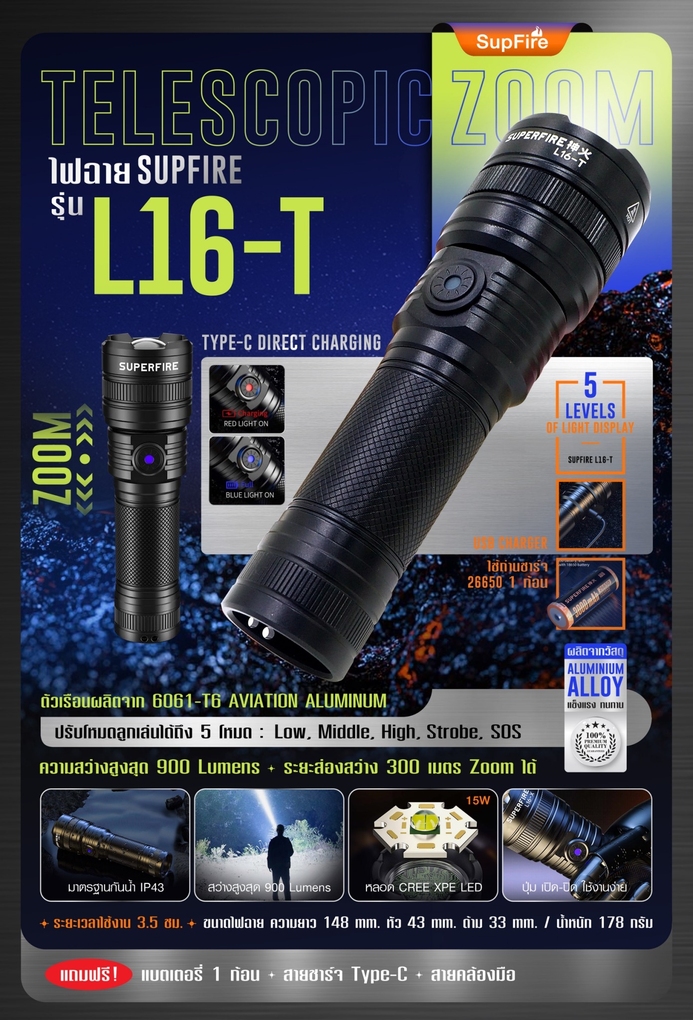 (loud volume) สินค้าใหม่ค่ะ 🔥 ไฟฉาย Supfire รุ่น L16-T 🔦 ตัวเรือนผลิตจาก 6061-T6 aviation aluminum 🔦 หลอด CREE XPE LED 15W 🔦 ความสว่างสูงสุด 900 Lumens 🔦 ระยะส่องสว่าง 300 เมตร Zoom ได้ 🔦 ใช้งานได้ยาวต่อเนื่