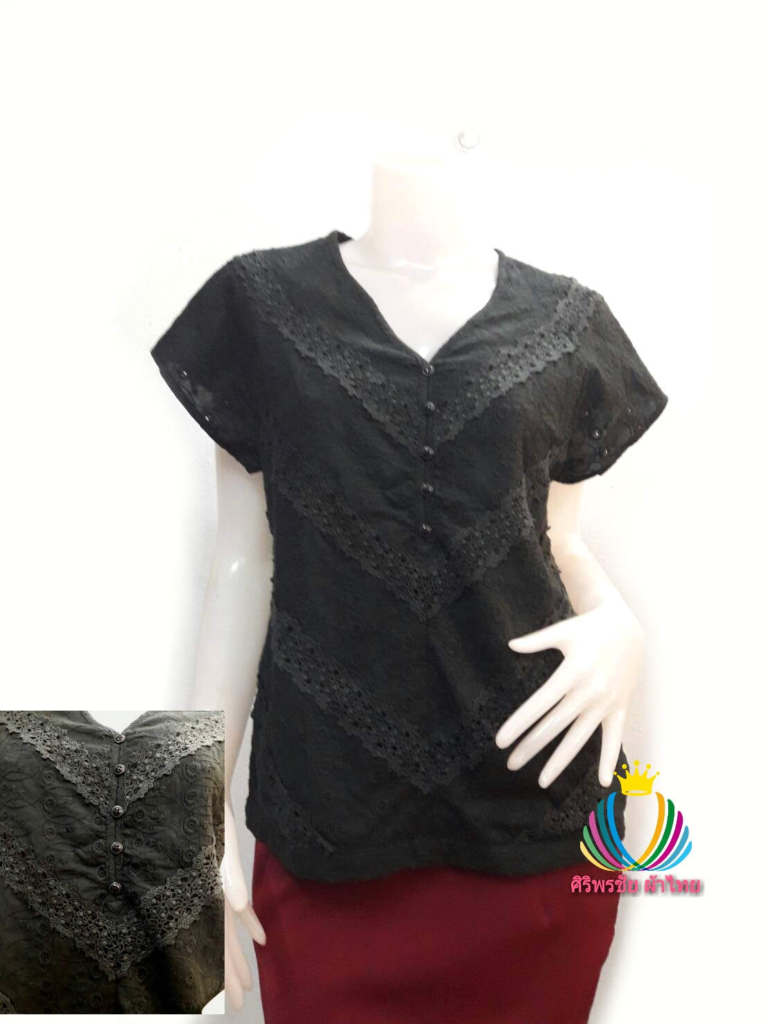 เสื้อลูกไม้สไตน์เกาหลีสีดำแต่งลูกไม้ เสื้อลูกไม้สไตน์วัยรุ่นสีดำไซร์ใหญ่ เสื้อผ้าไทยใส่กับผ้าซิ่น เสื้อผ้าฝ้ายใส่กับผ้าถุงสีดำ เสื้อใส่ผ้าซิ่น เสื้อลูกไม้ปักฉลุแขนสั้นสีดำ