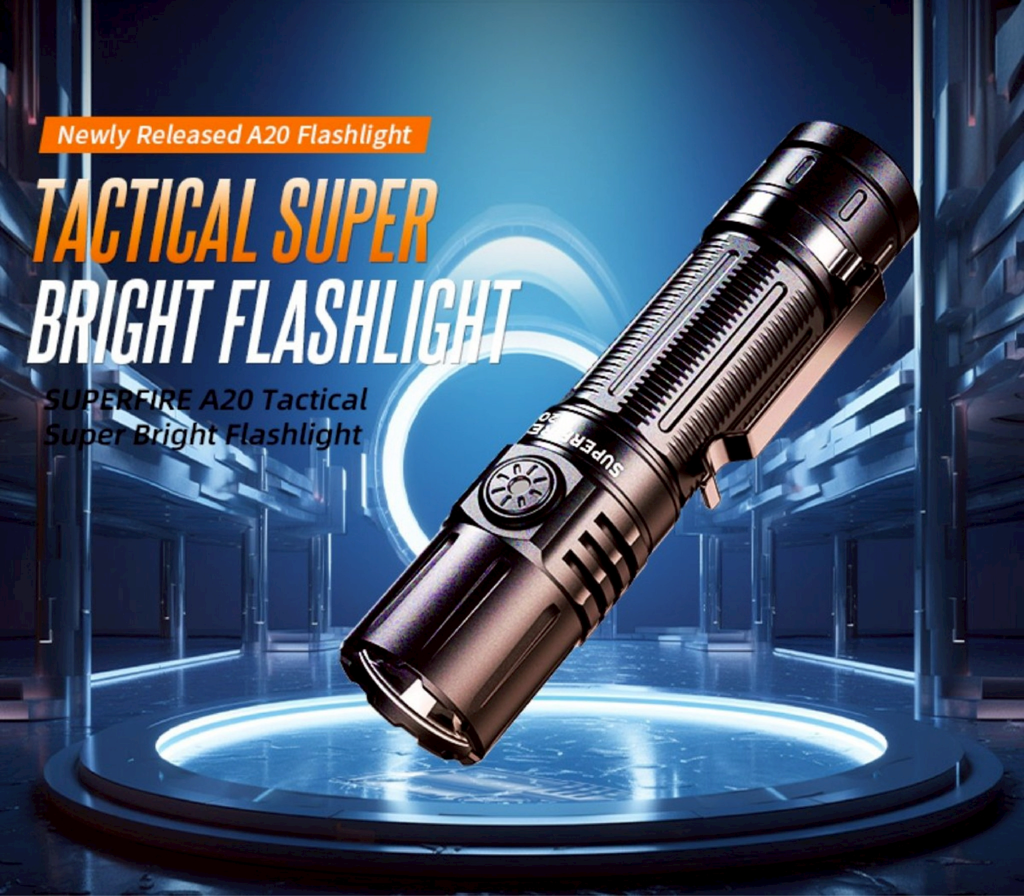 New.ไฟฉาย SuperFire A20 - ตัวเรือนผลิตจาก Aluminum alloy - ขนาด (Dimensions): 128 x 27 x 27 มม. - น้ำหนัก (Weight): 70 กรัม - ความสว่าง (Brightness): 1700 Lumens - ระยะส่องสว่าง (Range): 300 เมตร - ความทนทานต่อการตก (Drop resistance): สูงสุด 1 เมตร - มาตร