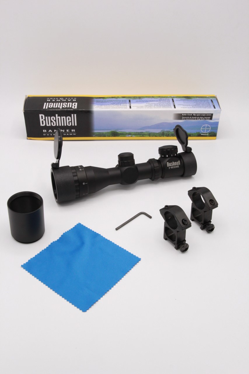 สโคป ยี่ห้อ Bushnell รุ่น 2-6*32AOE สเปค : ซูม2-6เท่า หน้า32 คุณสมบัติ : -สามารถซูมได้2ถึง6เท่า -สามารถปรับโฟกัสได้ -สามารถปรับหลาได้ -ตัวเป้ามีไฟ3สี(สีแดง,สีเขียว,สีฟ้า) และ สามารถปรับความเข้มของแสงได้3ระดับ -ตัวสโคปเป็นแบบปรับใน ใช้ถ่าน CR2032 จำนวน1ก้อ