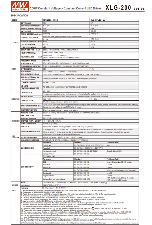 LED Driver พาวเวอร์ซัพพลาย XLG-200-12-A Meanwell 12VDC 200W Switching Power Supply