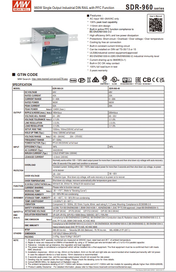MEANWELL POWER SUPPLY SDR Series - 960W พาวเวอร์ซัพพลาย 40A 24VDC