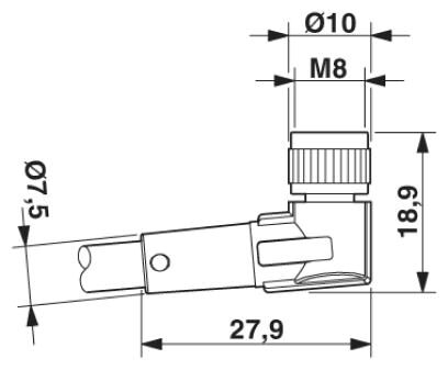 สายพร้อม CONNECTOR PHOENIX CONTACT 3 ขา ตัวเมีย แบบงอ 90 ํC เกลียว M8 ยาว 10 m.