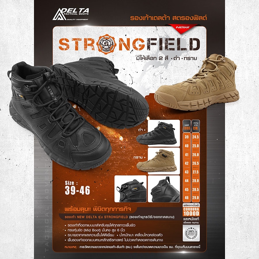 💥รองเท้า New Delta รุ่น Strongfield 💥 🔩รองเท้าที่ออกแบบมาสำหรับลุยได้ทุกสภาวะพื้นผิว 🔩ผสมผสานอย่างลงตัวระหว่างเนื้อผ้า Cordura 1000D และหนังแท้ 🔩 ทรงหุ้มข้อ (Mid Boot) มั่นคง สูง 6 นิ้ว 🔩ระบายอากาศและความชื้