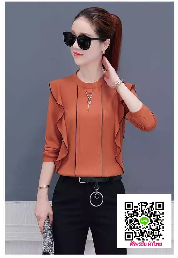 เสื้อทำงานชีฟองเกาหลีสีส้มแต่งห่วงโลหัเสื้อชีฟองเกาหลีแต่งห่วงโลหะ เสื้อทำงานเกาหลีคอแต่งโบว์ เสื้อสมัครงาน ชุดสมัครงาน เสื้อลูกไม้เกาหลีใส่กับผ้าถุง เสื้อลูกไม้จากจีนใส่กับผ้าซิ่น