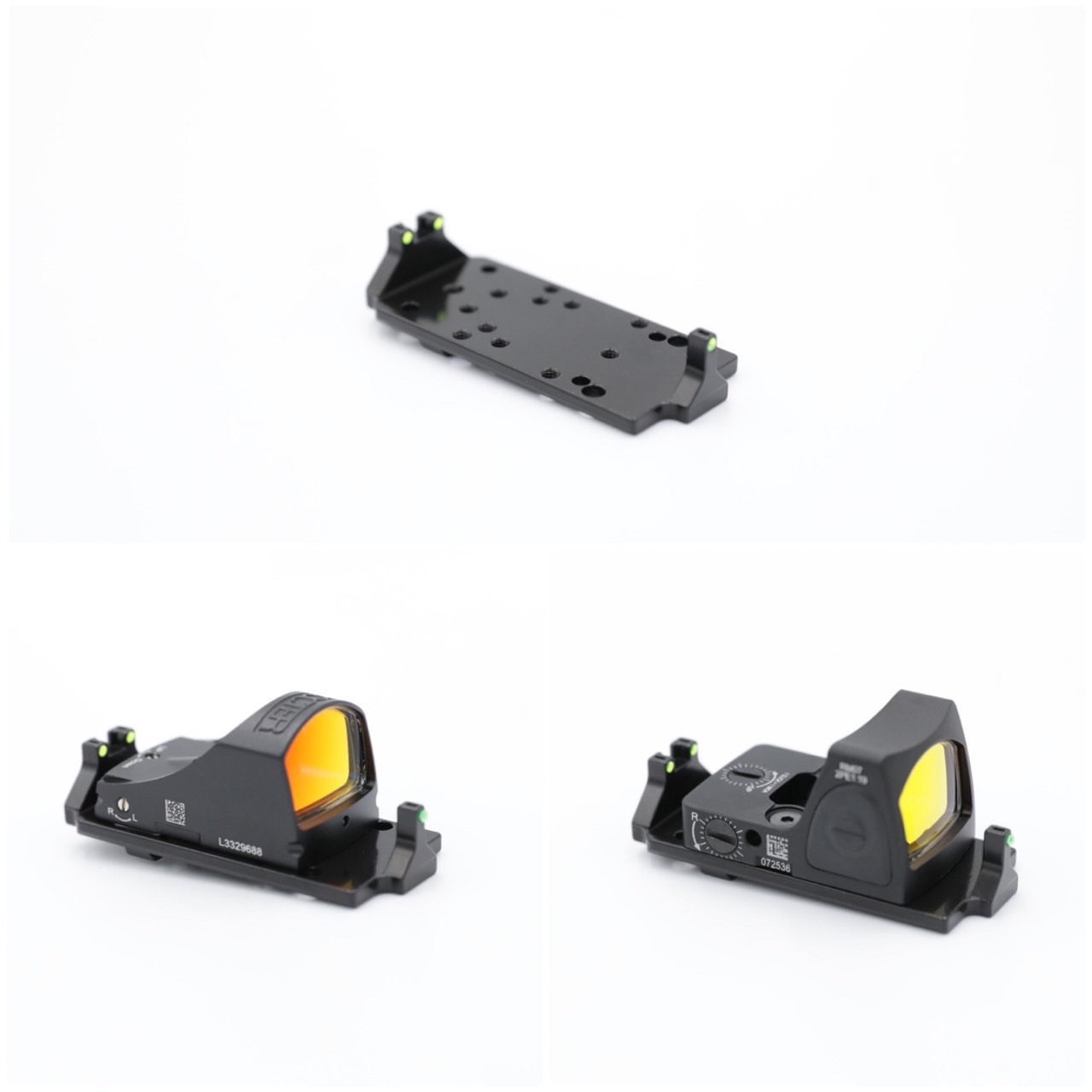 เพลทติดดอท Universal + ศูนย์เปิดเรืองแสง รุ่น Glock (Glock Universal mount) ขนาด : กว้าง 29mm. ยาว 68mm. หนา 14mm. น้ำหนัก : 48 กรัม คุณสมบัติ : #เพลทสำหรับติดดอทกับปืนสั้น Glock #ตัวเพลทมาพร้อมศูนย์เรืองแสงสีเขียว #น้ำหนักเบา #ไม่ต้องเจาะ หรือ ตัดสไลด์ เ