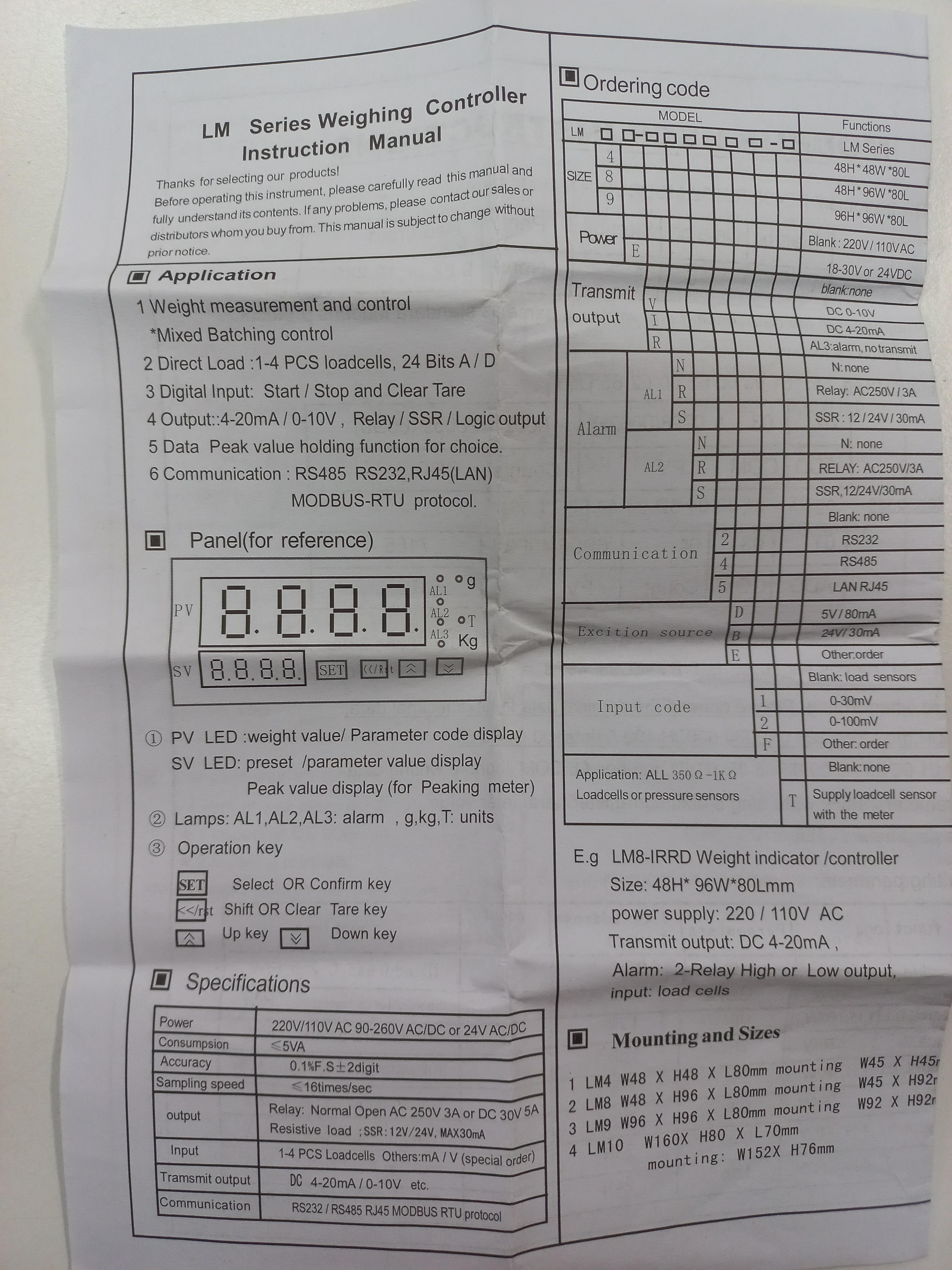 MYPIN เครื่องแสดงผล ใช้กับโหลดเซลล์ แบบดิจิตอล 220/110VAC Loadcell Indicator
