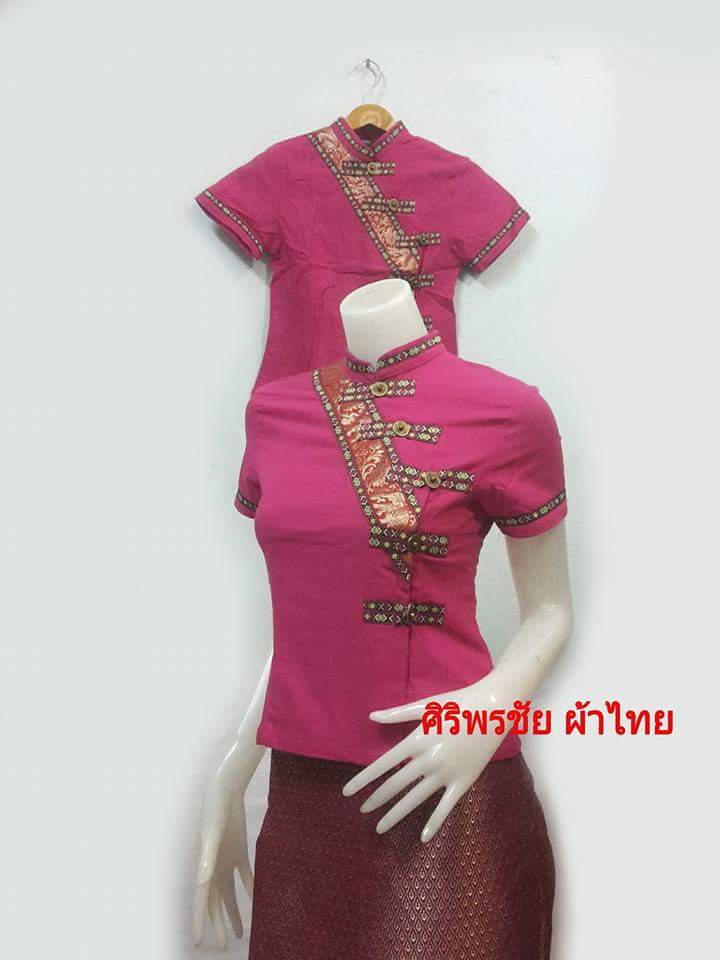 เสื้อผ้าไทยพื้นเมือง เสื้อผ้าฝ้ายพื้นเมือง เสื้อทำงานผ้าไทย เสื้อผ้าฝ้ายสีชมพู แต่งผ้าแถบดอกเล็ก เสื้อผ้าพื้นเมืองสีชมพู ชมพู XL