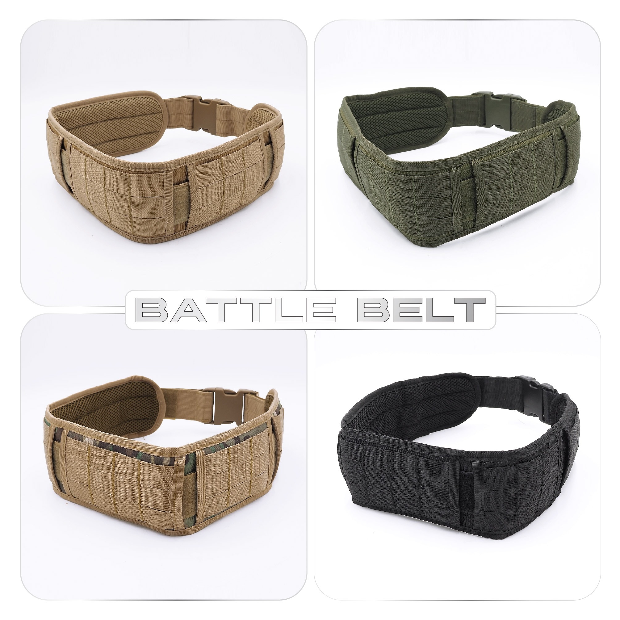 New. เข็มขัดสนาม ( Battle Belt ) ผลิตจากผ้า 1000D คุณภาพสูง กันน้ำ ด้านในบุนวมนิ่ม ไม่กดรัด ใส่สบาย ด้านนอกเป็น Molle ร้อยอุปกรณ์ต่างๆได้ Free Size : 30 - 41 นิ้ว 4 สี ดำ ทราย เขียว มัลติแคม