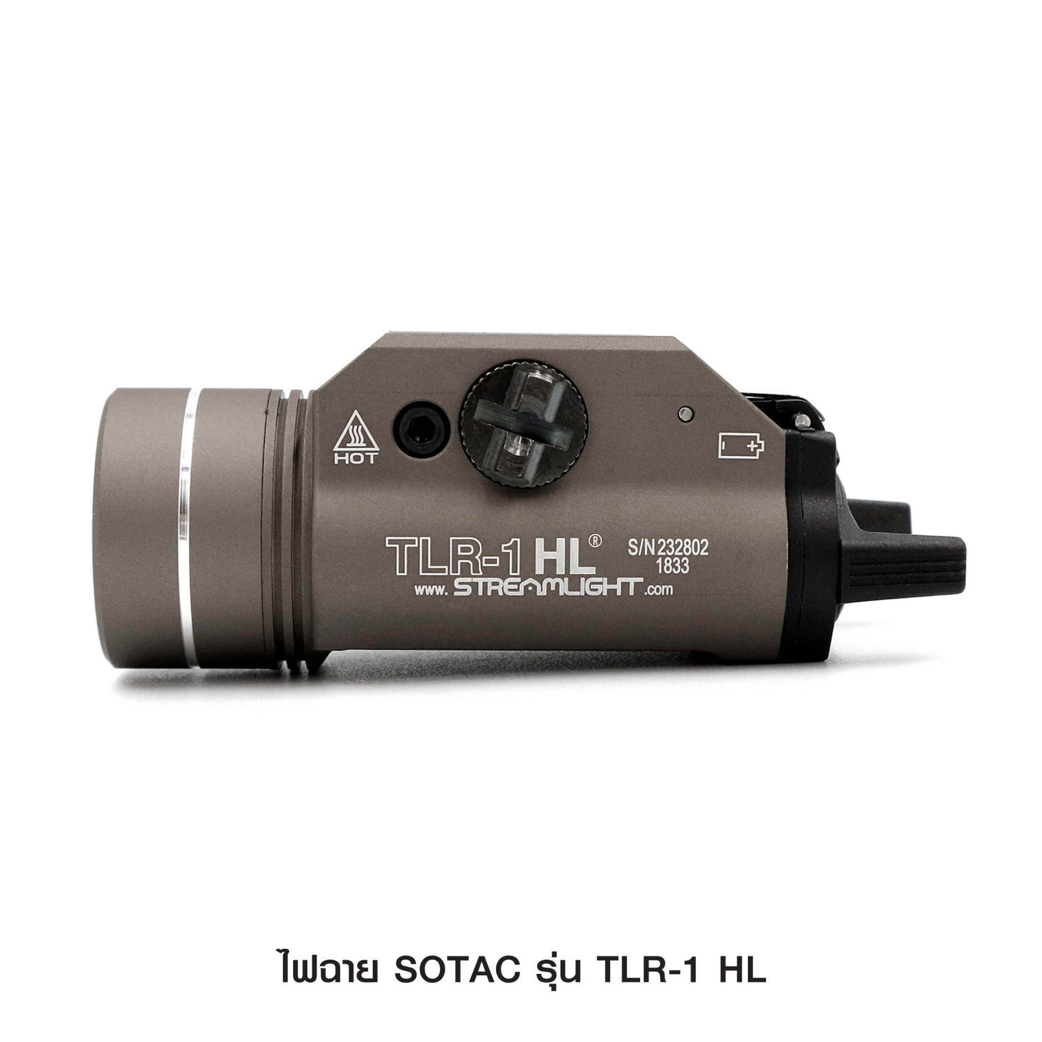 New.ไฟฉาย SOTAC รุ่น TLR-1 HL -ตัวเรือนผลิตจากอลูมิเนียมเกรดคุณภาพ -หลอด LED ความสว่าง 800 lumens -3 functions : Constant / Momentary / Strobe -Runtime : 1.5 hours. -Battery : 2 * CR123A Battery ( ไม่ได้แถมมา ) -Dimension : ยาว 7.8 cm. กว้าง 3.5 cm. -Colo