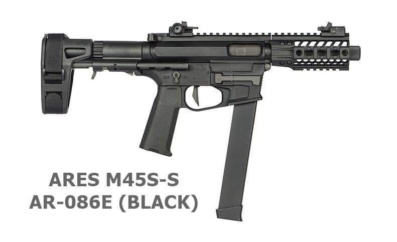 Ares M45-S Class (Short) with EFCS Gearbox ”บอดี้ไฟเบอร์” Features: Pistol caliber carbine design. Fully folding stock with arm stabiliser band. Plugs and plays with other M45 designed accessories. Good for 380fps. Comes with 1 55 round short magazine and