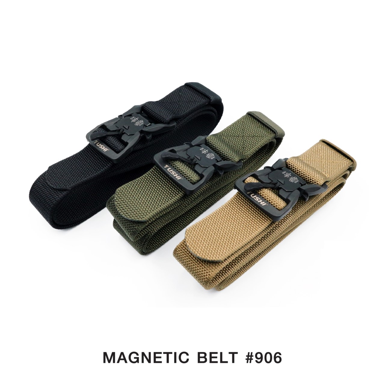 Magnetic belt #906 หัวเข็มขัดเป็น Polymer ฝังแม่เหล็ก ใช้งานง่าย หัวล็อคไว ปลดล็อคไว แค่ดึงเชือก สายผลิตจาก Nylon แท้ 100% สายมีความแข็ง สามารถเกี่ยวอุปกรณ์ต่างๆได้ ความยาว 125 cm. (free size) กว้าง 1.5" 3 สี ดำ เขียว ทราย ราคาส่ง