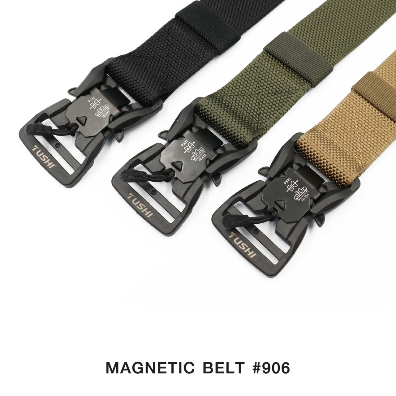 Magnetic belt #906 หัวเข็มขัดเป็น Polymer ฝังแม่เหล็ก ใช้งานง่าย หัวล็อคไว ปลดล็อคไว แค่ดึงเชือก สายผลิตจาก Nylon แท้ 100% สายมีความแข็ง สามารถเกี่ยวอุปกรณ์ต่างๆได้ ความยาว 125 cm. (free size) กว้าง 1.5" 3 สี ดำ เขียว ทราย ราคาส่ง