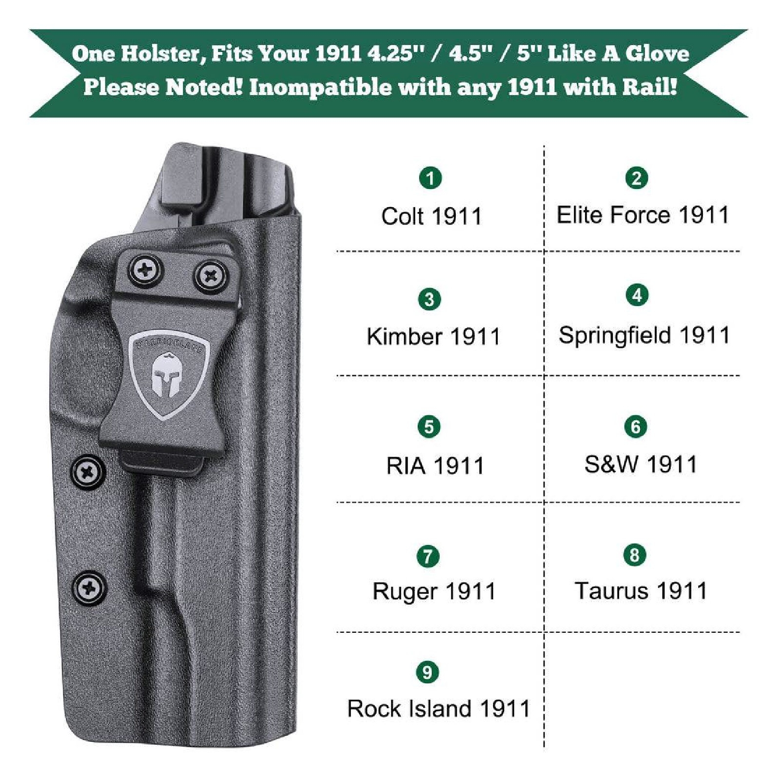 ซองปืนพกใน Kydex 1911 ( Warriorland ) IWB Kydex Holster (Serie B) Warriorland -ใช้สำหรับรุ่น Colt/ Kimber/ Springfield/ S&W/ Ruger/ Taurus/ Rock Island และรุ่น 1911 .45 ACP -ตัวซองผลิตจากแผ่น Kydex คุณภาพดี -ทำความสะอาดได้ง่าย ล้างคราบสกปรกออกง่าย -คงรูป