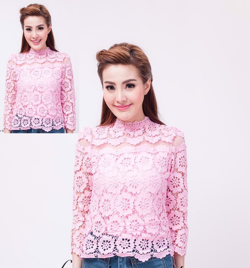 เสื้อลูกไม้สไตน์เกาหลี เสื้อลูกไม้สไตน์วัยรุ่น เสื้อใส่ผ้าซิ่น เสื้อลูกไม้แขนยาว 5 ส่วนสีชมพู