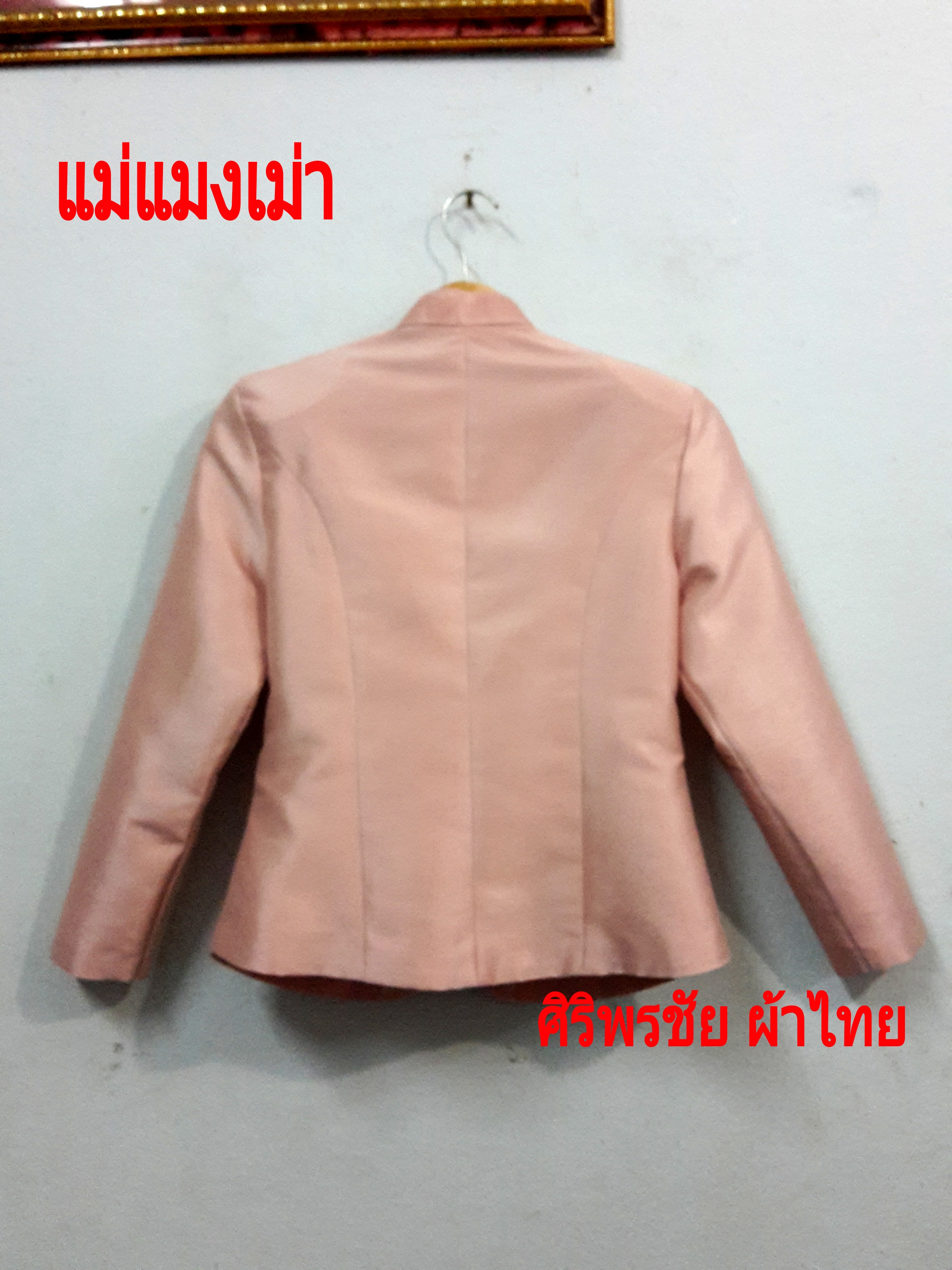 เสื้อแม่แมงเม่า เสื้อผ้าไหมแพรทิพย์ ไทยจิตลดาประยุกต์ ชุดผ้าไทย ชุดผ้าไทยผ้าพื้นเมือง ชุดผ้าไทยทำงาน ชุดผ้าไทยทำงานสมัยใหม่ ผ้าทอมือ เสื้อคอพระราชทาน ชมพูอ่อน XL=40"