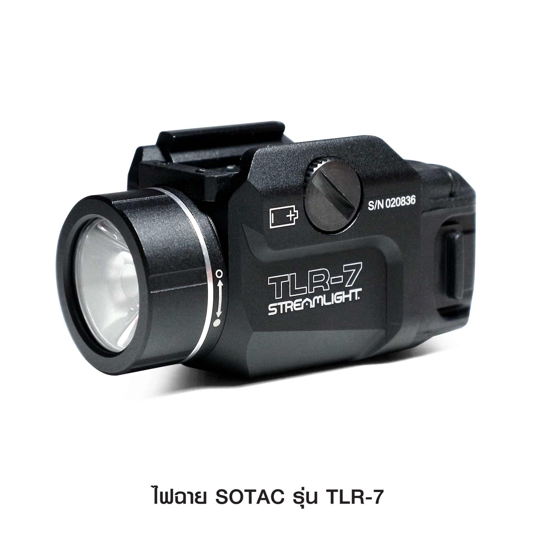 ไฟฉาย SOTAC รุ่น TLR-7 ตัวเรือนผลิตจากอลูมิเนียมเกรดคุณภาพ หลอด LED ความสว่าง 500 lumens 2 functions : Constant / Strobe Runtime : 1.5 hours. Battery : 1 * CR123A Battery ( ไม่ได้แถมมา ) Dimension : ยาว 5.46 cm. Weight : 68 g. Water Proof : IPX7 Color : B