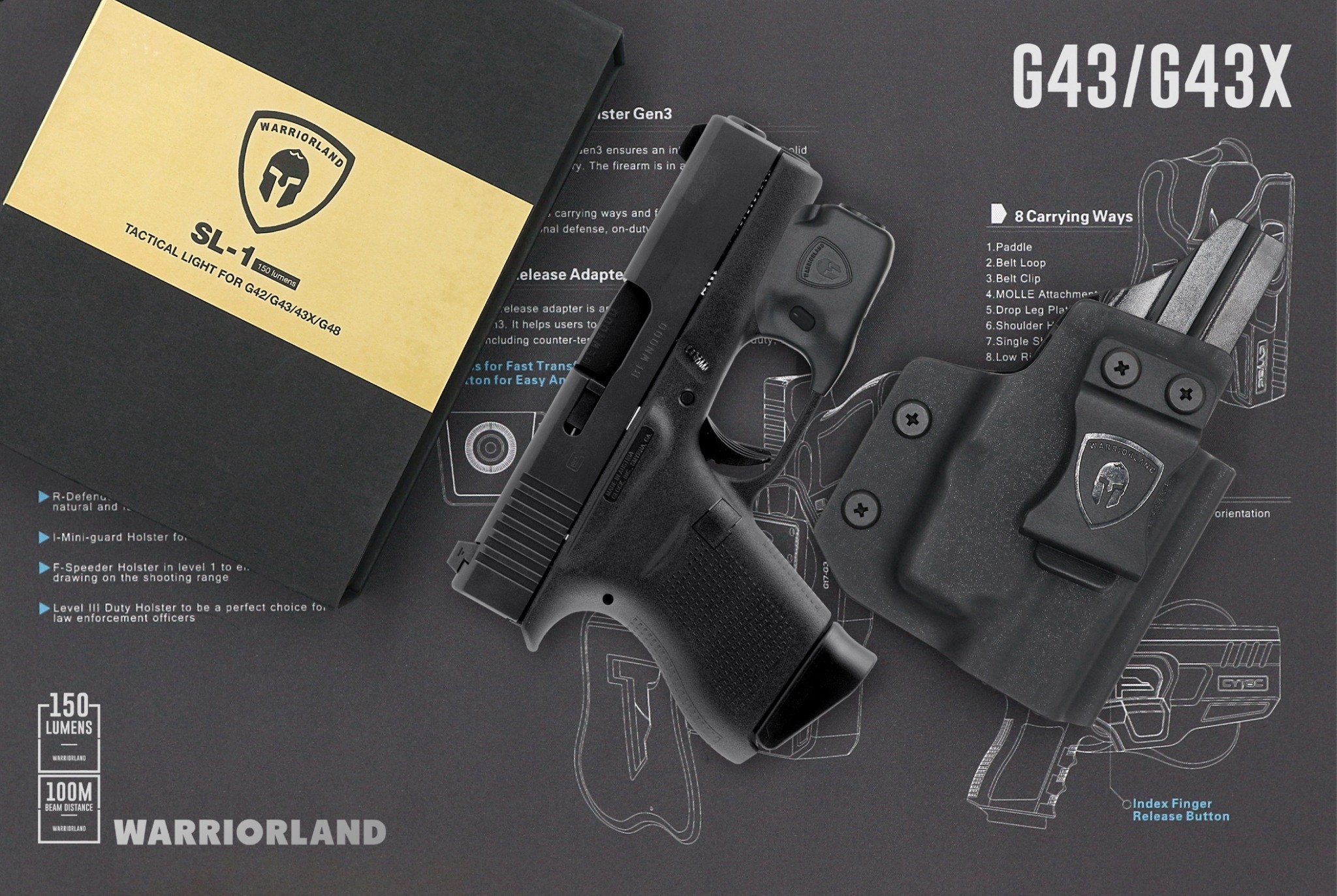 ไฟฉาย Warriorland SL-1 + ซองพกใน Kydex G43/G43X ( เฉพาะรุ่นที่ไม่มีราง ) ไฟฉาย Warriorland SL-1 + ซองพกใน Kydex 🔺ไฟฉาย ผลิตจาก Polymer เกรดคุณภาพ 🔺ออกแบบให้ทนทานต่อแรงรีคอยด์ได้ 🔺ความสว่าง 150 Lumens 🔺ระยะส่องสว่าง 100 m. &