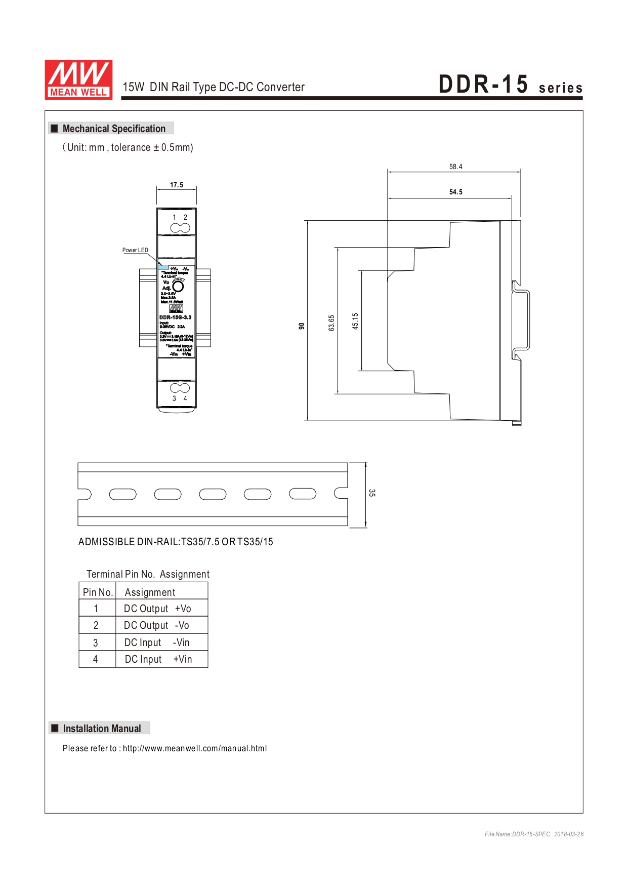 DDR-15G-5 Switching power supply MEANWELL Isolated DC/DC Converters ตัวแปลง DC-DC แปลง 9 –36 VDC เป็น 5 VDC